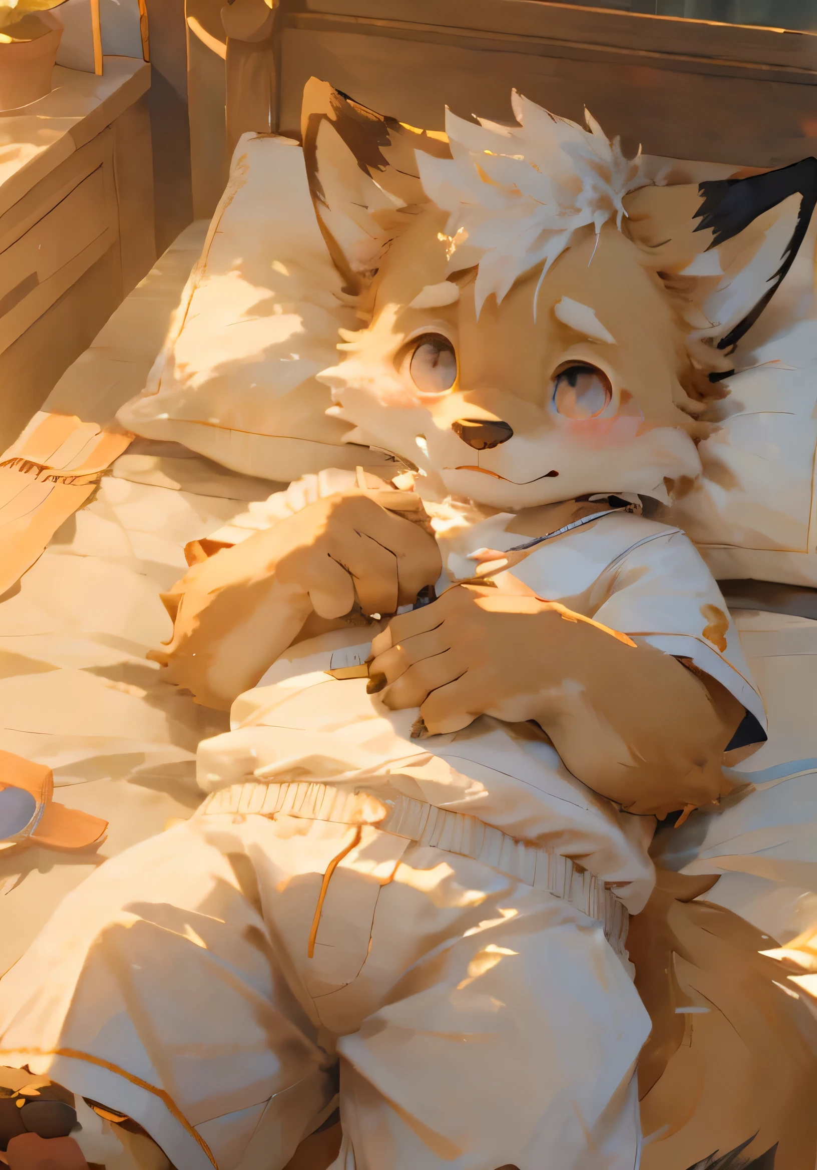 (masterpiece),(Very detailed),(best quality),hairy,fox,Golden fur,white hair,Black pupil,(Light luxury clothes),(blush:1.1),((Shy expression)),Room Background,8k,(high quality),(Ultra HD),(Ultra Detailed),(),(Juvenile),Perfect sunshine,(Lying position),(Lying in bed)
