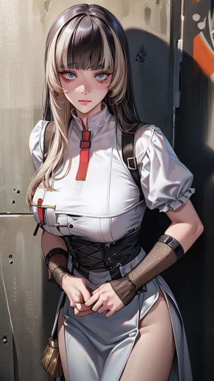 masterpiece, highest quality, Very detailed, 8k, Realistic, One Girl, alone, Tomboy, Very detailed face, Standing in front of a wall covered in hip hop graffiti, White dance costume.,Exposure of the chest,