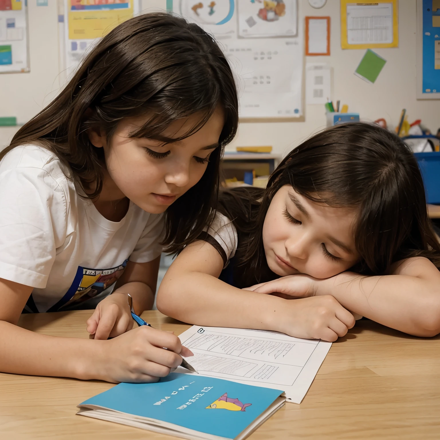 Draw little 2nd graders taking a nap and put the teacher getting their homework ready