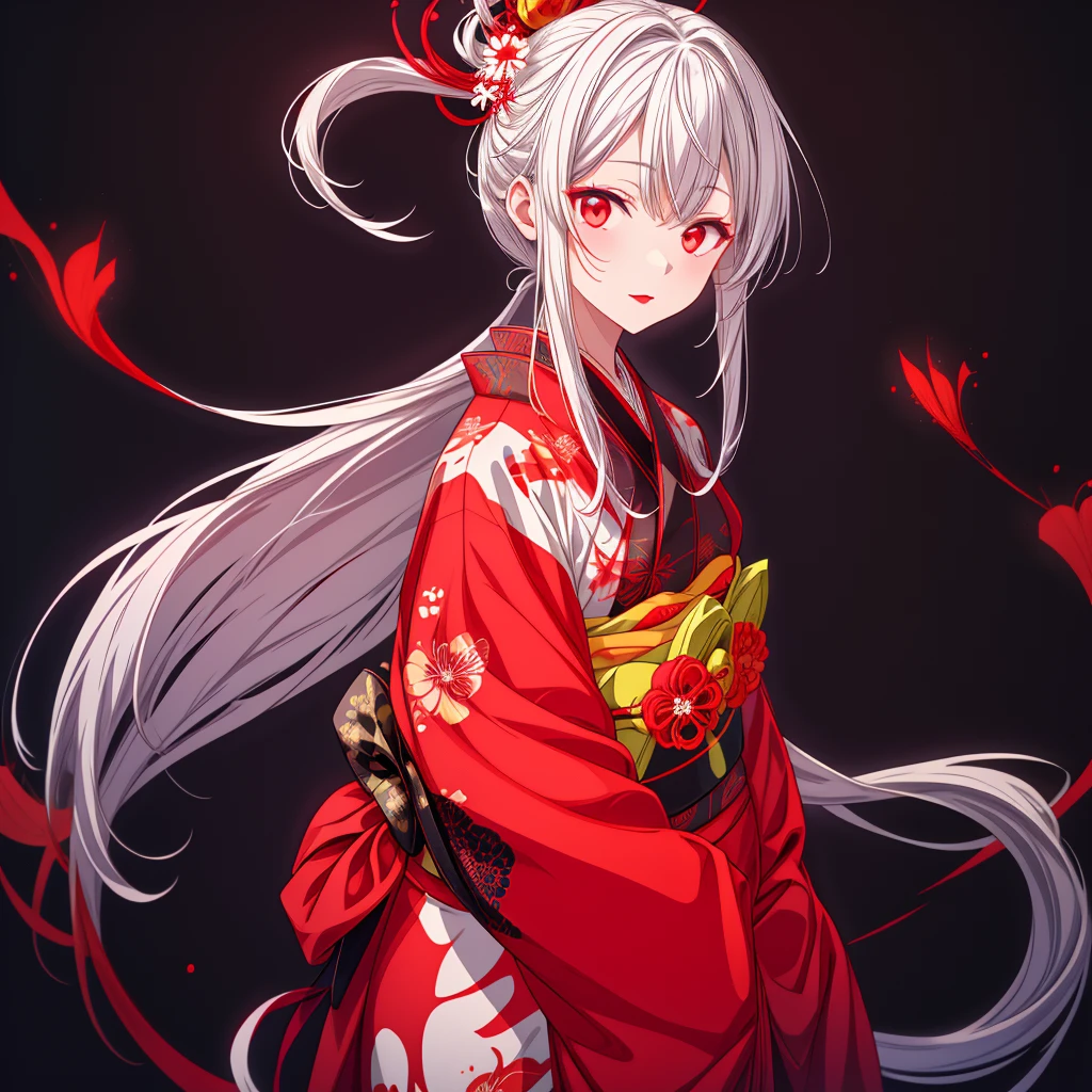 Girl in kimono standing with Japan sword、White medium hair、Red eyes、Red lips、Kimono with red spider lilies on a black background、Red splashes on a black background、super high quality、Ultra-fine detail、Ultra-fine kimono patterns,Japanese crest