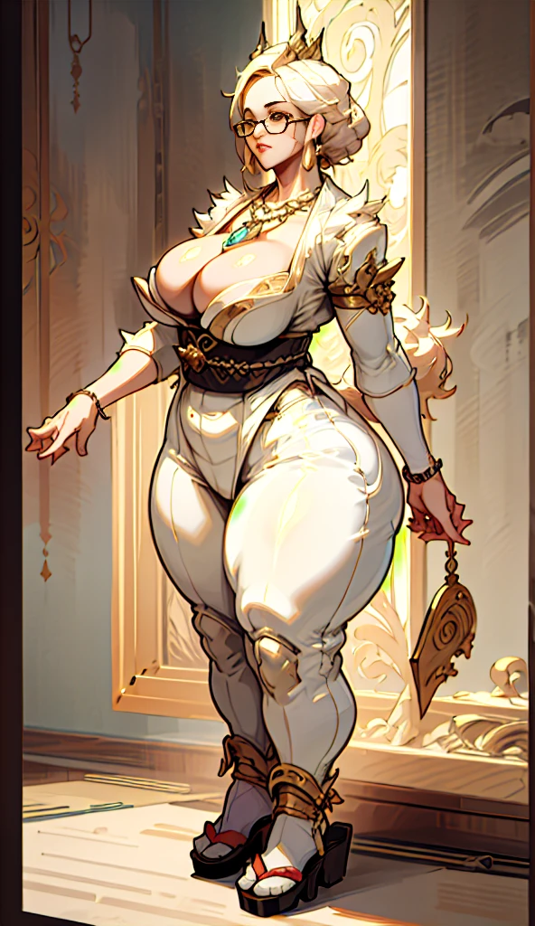 ((best quality)), ((masterpiece)), (detailed), perfect face, thicc woman, beautiful face , thicc girl , widest hips , thicc , thicc body , thicc thighs , slim arms, huge large breasts, her body is thicc, full body view, dark-black room, black bokeh background, thight dress, wearing sandles, short hairstyle, diamond necklace, wearing a watch, tall woman, restore face, white skin , longest thight pants , glasses , cold vibes, , 4k resolution, japanese goddess