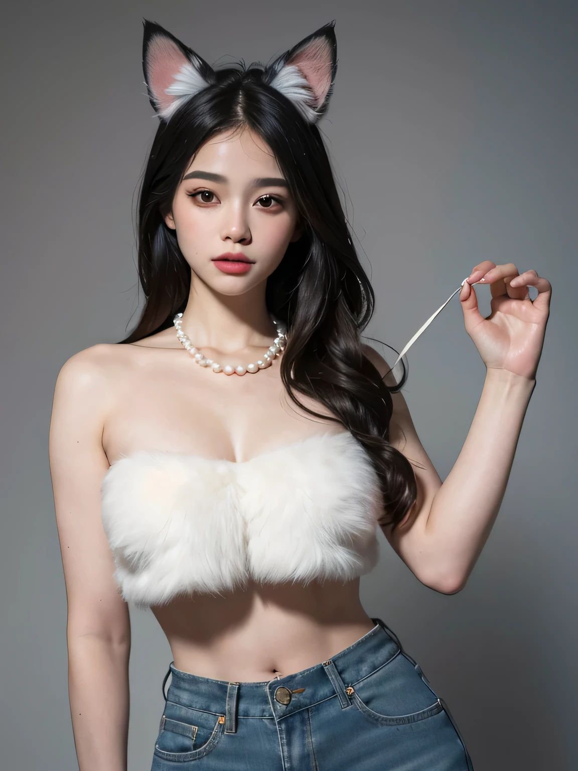 (best quality,4k,8k,highres,masterpiece:1.2),ultra-detailed,(realistic,photorealistic,photo-realistic:1.37),Medium Butterfly cut hair color gray,Oval face,white flawless fur,Round eyes color amber,bottom nose,round full lips,douyin makeup palette color brows,long lashes,dog furry girl,croptop black,jean skirt with Doubles,pearl necklace,hand warmer,Dog ears,Dog tail,Hourglass body