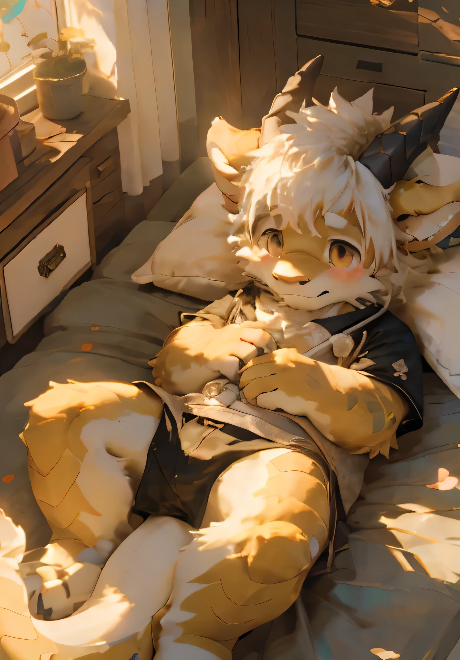 (masterpiece)，(Very detailed)，(best quality)，hairy，dragon，Golden fur，white hair，Black pupil，(Light luxury clothes)，(blush:1.1)，((Shy expression))，Room Background，8k，(high quality)，(Ultra HD)，(Ultra Detailed)，（Young children），（Juvenile），Perfect sunshine，（Lying position），（Lying in bed）