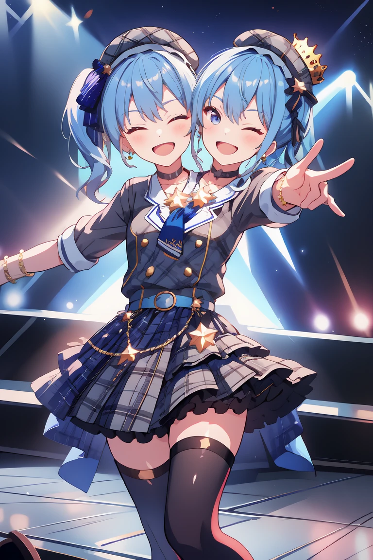 (masterpiece, best quality), best resolution, 16k, (2heads:1.5), close-up, 1girl, solo, HoshimachiSuisei, side ponytail, blue hair ribbon, SuiseiBase, plaid beret, crown, blue star choker, star earrings, blue ascot, plaid jacket, plaid skirt, layered skirt, partially fingerless gloves, star bracelet, uneven legwear, thigh strap, standing, ((cheek to cheek)), (open arms, outstretched arms), smile, open mouth, one eyes closed, singing, dacing, look at viewer, exciting, concert stage, starfield, spotlight