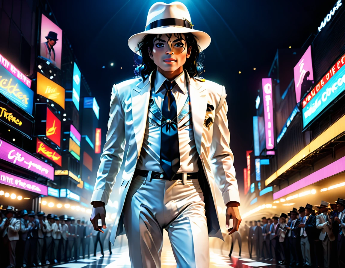 (smoothcriminal),1man\((michael jackson:2.0),white suit,necktie,white hat,singing and dancing,full body,dynamic pose\), BREAK ,background\(many spot lights,(live stage:1.5),(many audience:1.5)\), BREAK ,quality\(intricate details, very sharp, detailed face, detailed skin,8k,wallpaper of extremely detailed CG unit, masterpiece,hight resolution,top-quality,top-quality real texture skin,hyper realisitic,increase the resolution,RAW photos,best qualtiy,highly detailed,the wallpaper,cinematic lighting,ray trace,golden ratio\),landscape,long shot,wide shot,dynamic angle