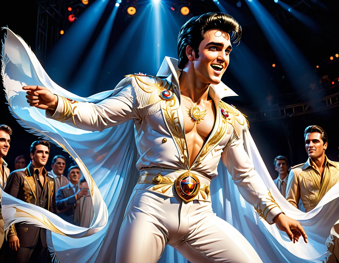 (eptheking), 1man\(elvis presley,(performing on stage),(wearing white caped fringe jumpsuit ),(full body:1.5),big smile,dynamic pose,chest hair\), BREAK ,background\((live stage:1.5),(many audience:1.5)\), BREAK ,quality\(intricate details, very sharp, detailed face, detailed skin,8k,wallpaper of extremely detailed CG unit, masterpiece,hight resolution,top-quality,top-quality real texture skin,hyper realisitic,increase the resolution,RAW photos,best qualtiy,highly detailed,the wallpaper,cinematic lighting,ray trace,golden ratio\),landscape,long shot,wide shot,dynamic angle