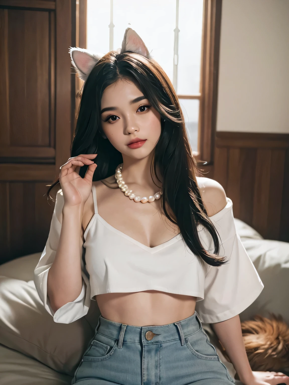 (best quality,4k,8k,highres,masterpiece:1.2),ultra-detailed,(realistic,photorealistic,photo-realistic:1.37),Medium Butterfly cut hair color gray,Oval face,white flawless fur,Round eyes color amber,bottom nose,round full lips,douyin makeup palette color brows,long lashes,dog furry girl,croptop black,jean skirt with Doubles,pearl necklace,hand warmer,Dog ears,Dog tail,Hourglass body