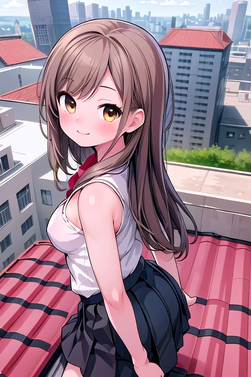 (highest quality, masterpiece, RAW Photos,Very detailed:1.2), One girl ,Brown-haired long-haired woman.Slightly chubby,The breasts are small,The butt is small,Brown eyes,View your viewers, smile,rooftop, From above, city,