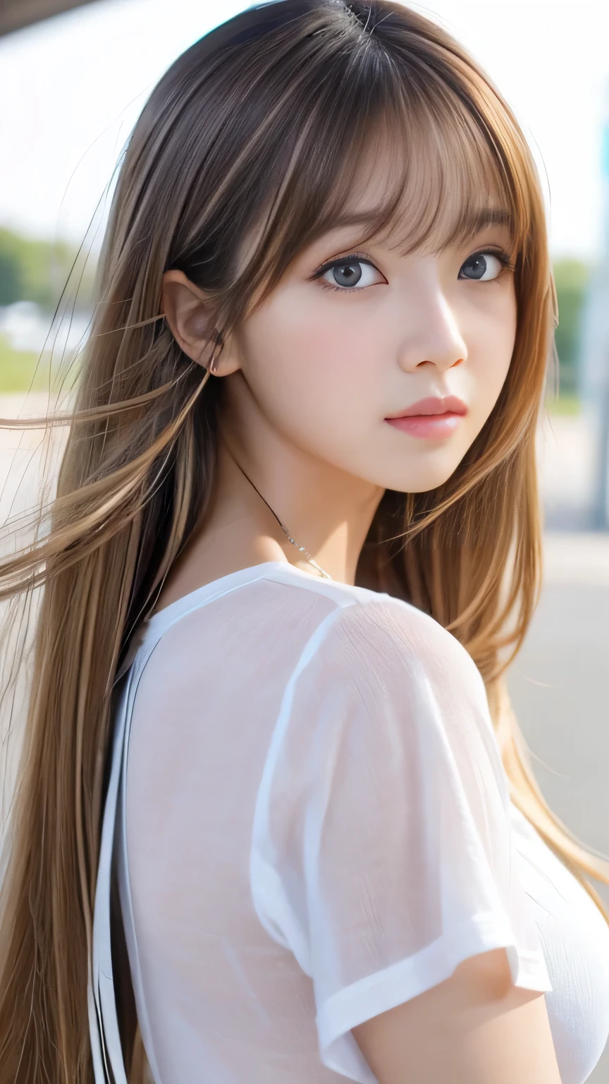 Sexy Big 、Sexy cute looks and cute 15 year old beautiful girl, beautiful and sexy face、A strong wind blows my hair in front of my face、With straight blonde hair、beautiful, Cute and sexy eyes hidden behind long bangs。