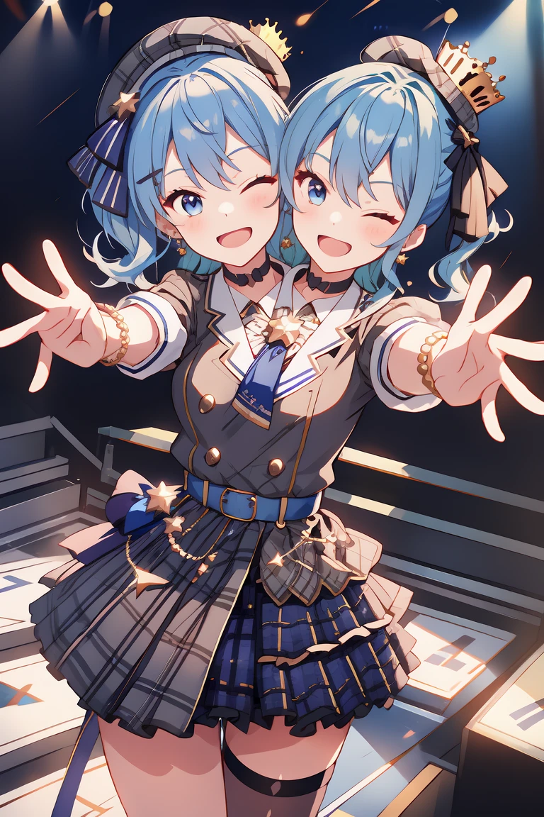 (masterpiece, best quality), best resolution, 16k, (2heads:1.5), close-up, 1girl, solo, HoshimachiSuisei, side ponytail, blue hair ribbon, SuiseiBase, plaid beret, crown, blue star choker, star earrings, blue ascot, plaid jacket, plaid skirt, layered skirt, partially fingerless gloves, star bracelet, uneven legwear, thigh strap, standing, ((cheek to cheek)), (open arms, outstretched arms, hands open), smile, open mouth, one eye closed, singing, dacing, look at viewer, exciting, concert stage, starfield, spotlight