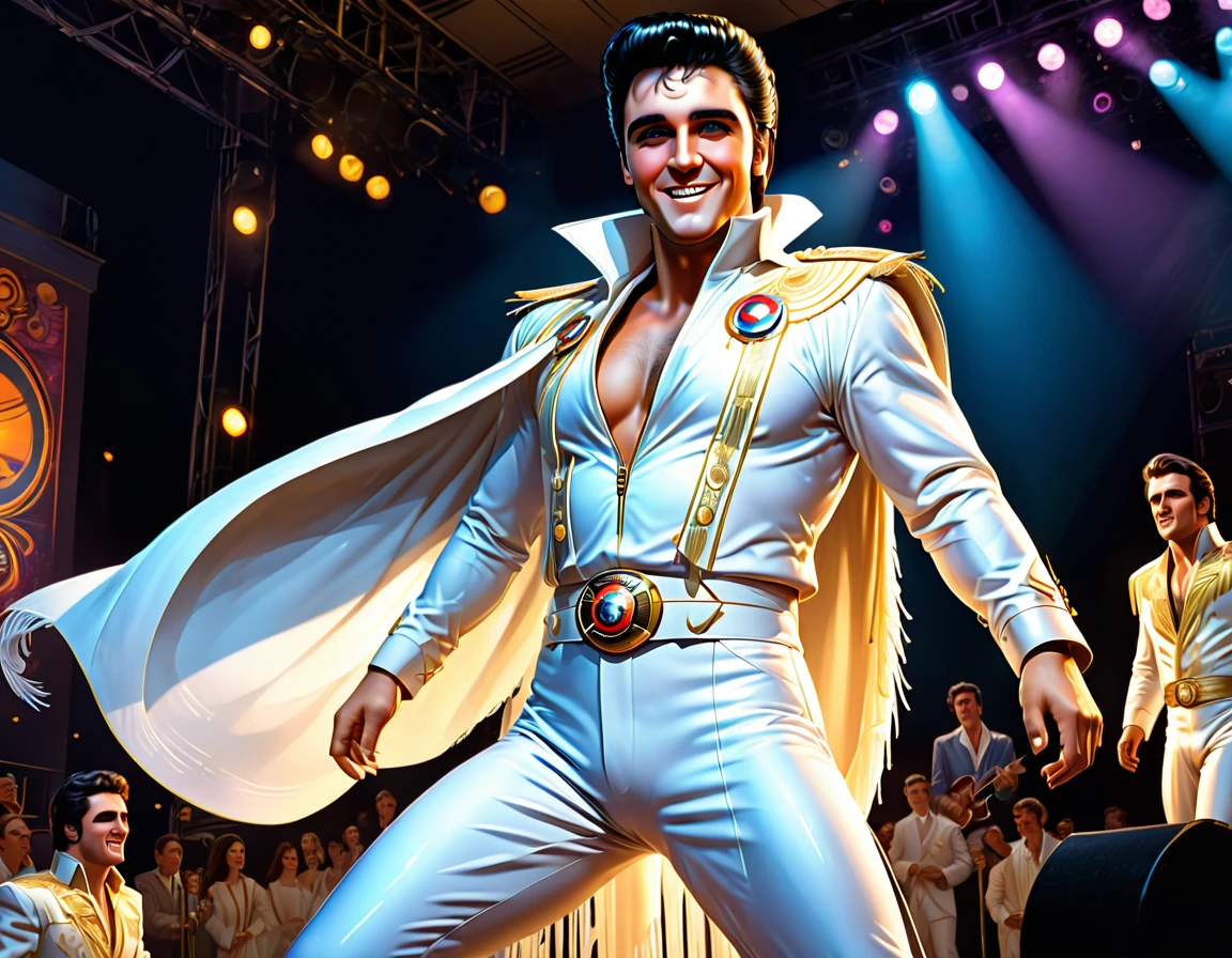 (eptheking), 1man\(elvis presley,(performing on stage),(wearing white caped fringe jumpsuit ),(full body:1.5),big smile,dynamic pose,chest hair\), BREAK ,background\((live stage:1.5),(many audience:1.5)\), BREAK ,quality\(intricate details, very sharp, detailed face, detailed skin,8k,wallpaper of extremely detailed CG unit, masterpiece,hight resolution,top-quality,top-quality real texture skin,hyper realisitic,increase the resolution,RAW photos,best qualtiy,highly detailed,the wallpaper,cinematic lighting,ray trace,golden ratio\),landscape,long shot,wide shot,dynamic angle