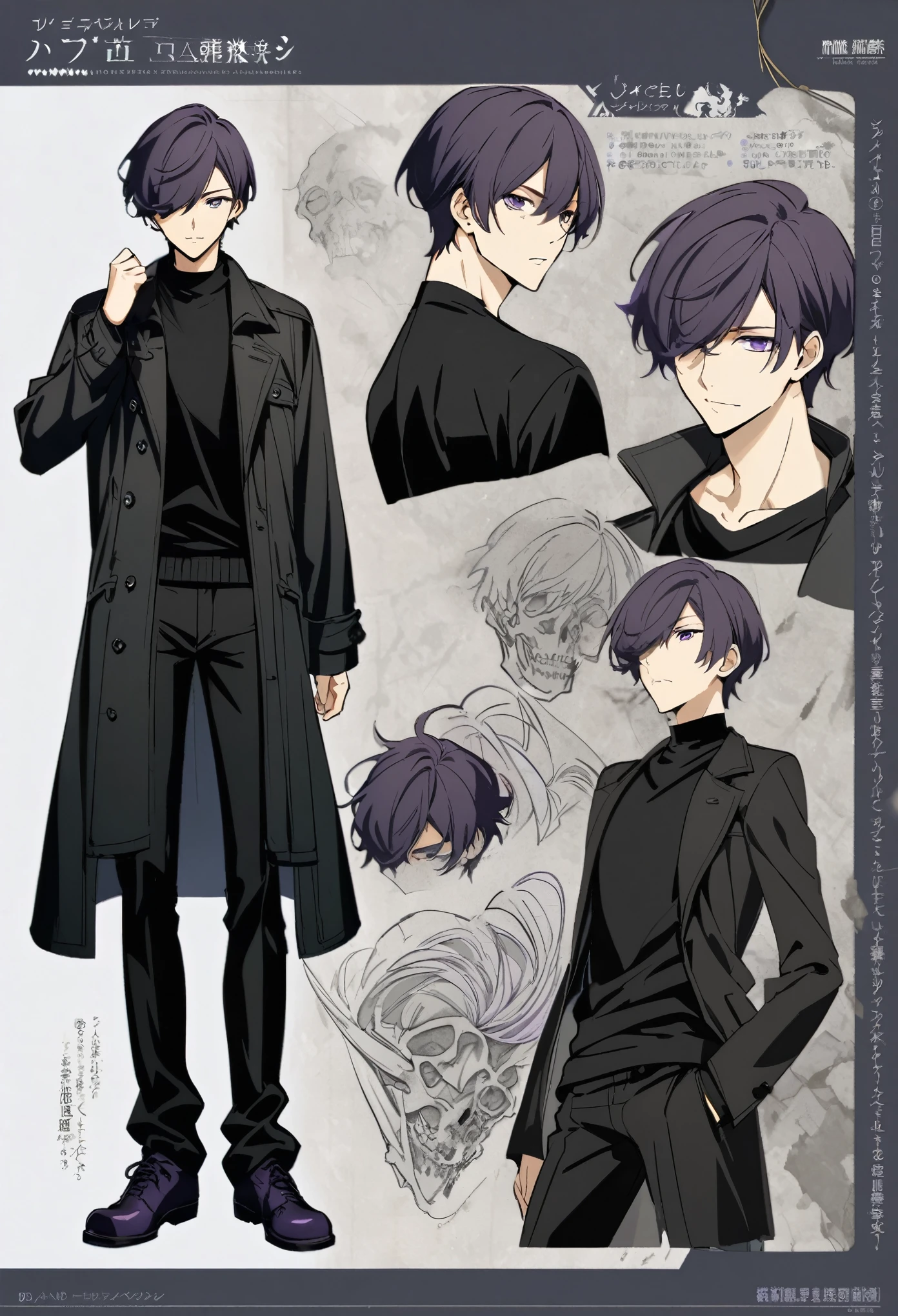 good looking, alone, male, short hair, Hair covering the left eye, Dark lavender hair, Purple eyes, Remains, Black Shirt, Black Pants, casual coat，Character design sheet，front，three views，tall，frontを向いている
