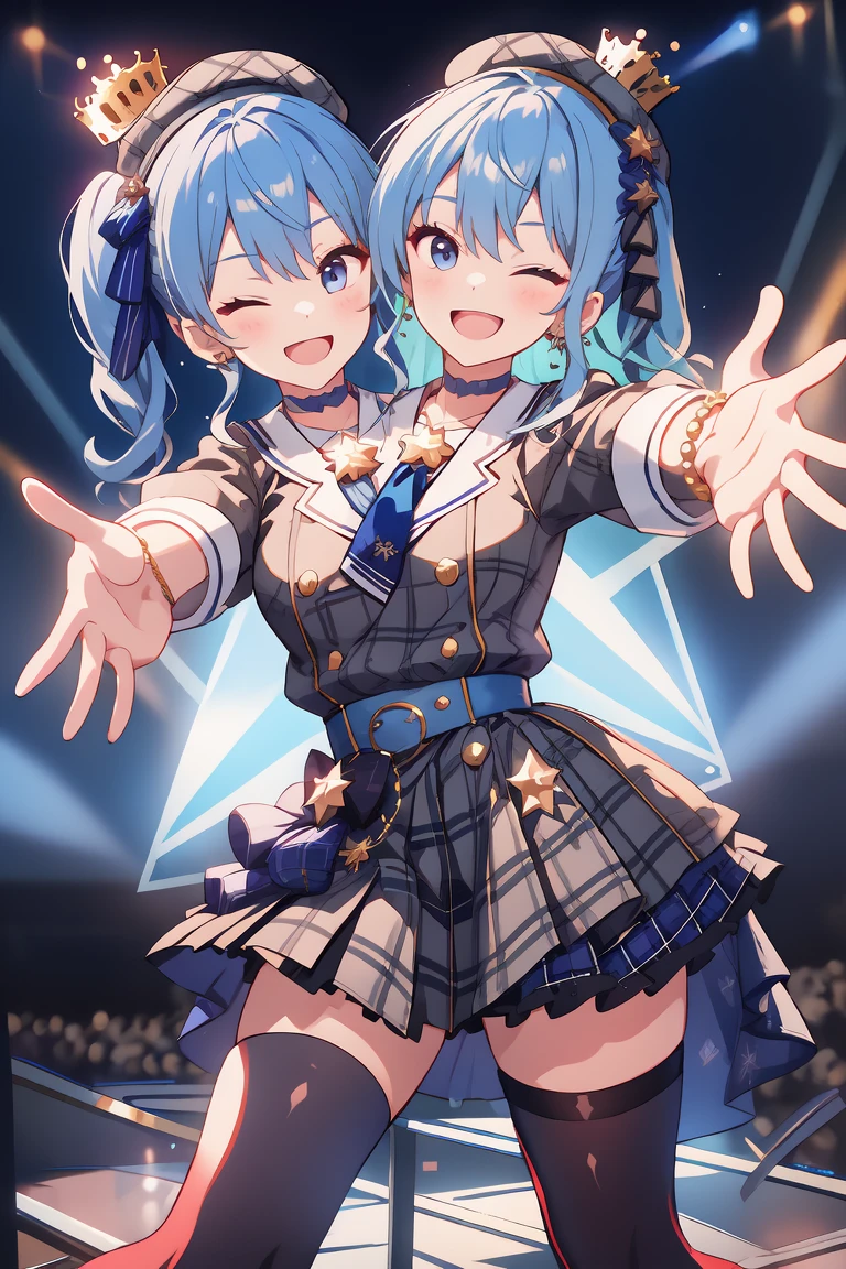 (masterpiece, best quality), best resolution, 16k, (2heads:1.5), close-up, 1girl, solo, HoshimachiSuisei, side ponytail, blue hair ribbon, SuiseiBase, plaid beret, crown, blue star choker, star earrings, blue ascot, plaid jacket, plaid skirt, layered skirt, partially fingerless gloves, star bracelet, uneven legwear, thigh strap, standing, ((cheek to cheek)), (open arms, outstretched arms, hands open), smile, open mouth, one eye closed, singing, dacing, look at viewer, exciting, concert stage, starfield, spotlight