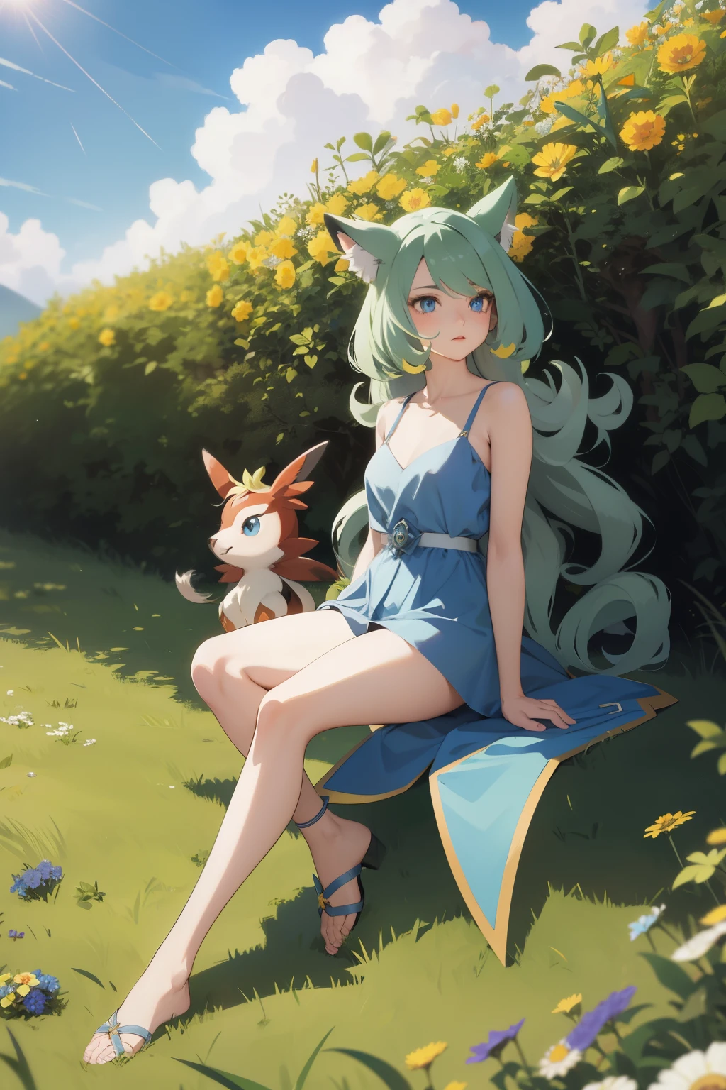 HD image of Pokémon Eve, the steel and psychic type Pokémon, sitting in a grassy field. The detailed, lush background showcases various grasses and flowers swaying gently in the wind. Eve's tail, formed like a Furret's, curls around her body, its tip twitching as she looks at the viewer with her piercing blue eyes, her fur appearing soft and realistic in the high-definition image.