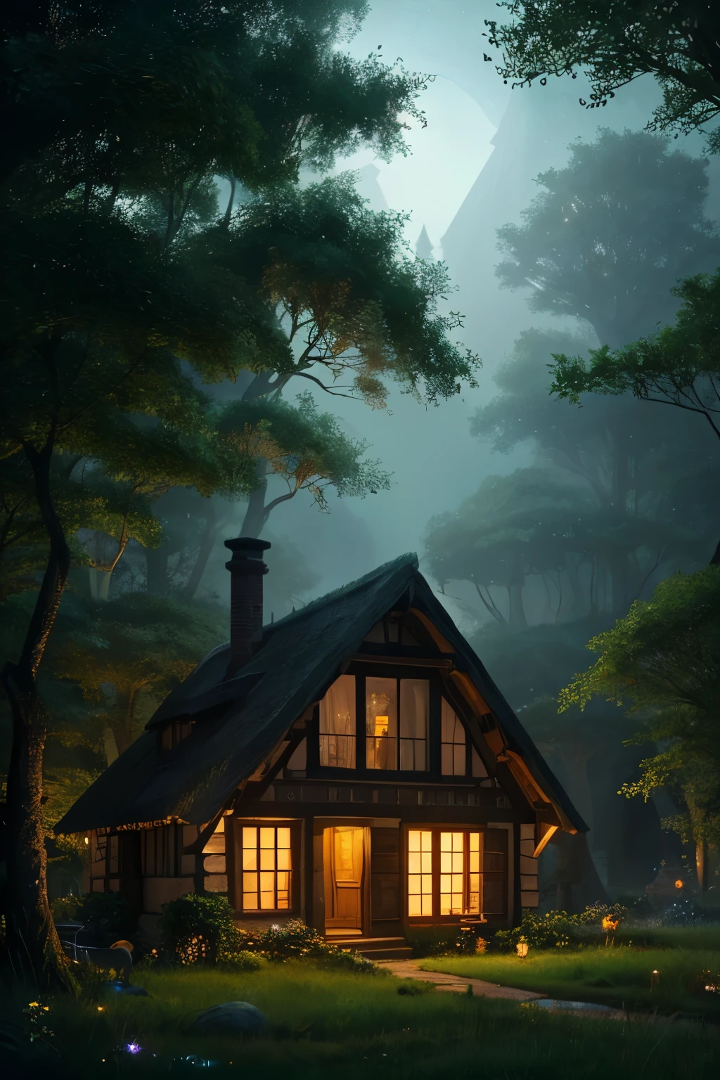 There is a house with lots of windows that lights up at night, fantasy house, beautiful depiction of a fairy tale, realistic fantasy rendering, cozy enchanting scene, inspired by Andreas Rocha, Andreas Rocha style, cottage in the woods dark fantasy setting, cottage in the woods, witch cottage in the woods, fantasy setting, ultra detailed fantasy, fantasy rendering