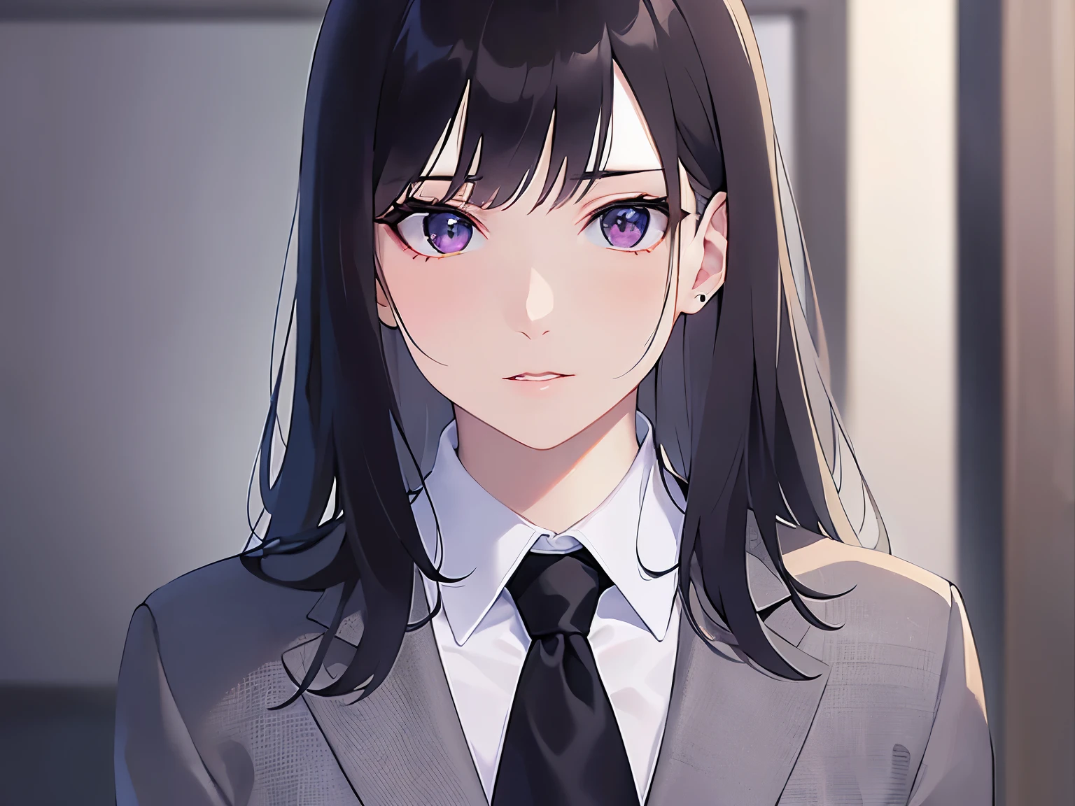 look back, Upper Body, Realistic, real person, (pale skin: 1.2), RAW photo, photorealistic, shiny skin, shiny hair、(A 25-year-old woman with straight hair and bangs) and (medium hair) and (black hair) and (purple eyes) , (business suit:1.5) and (White collared shirt) 、Expressionless, Background is an office room、Alone、Are standing