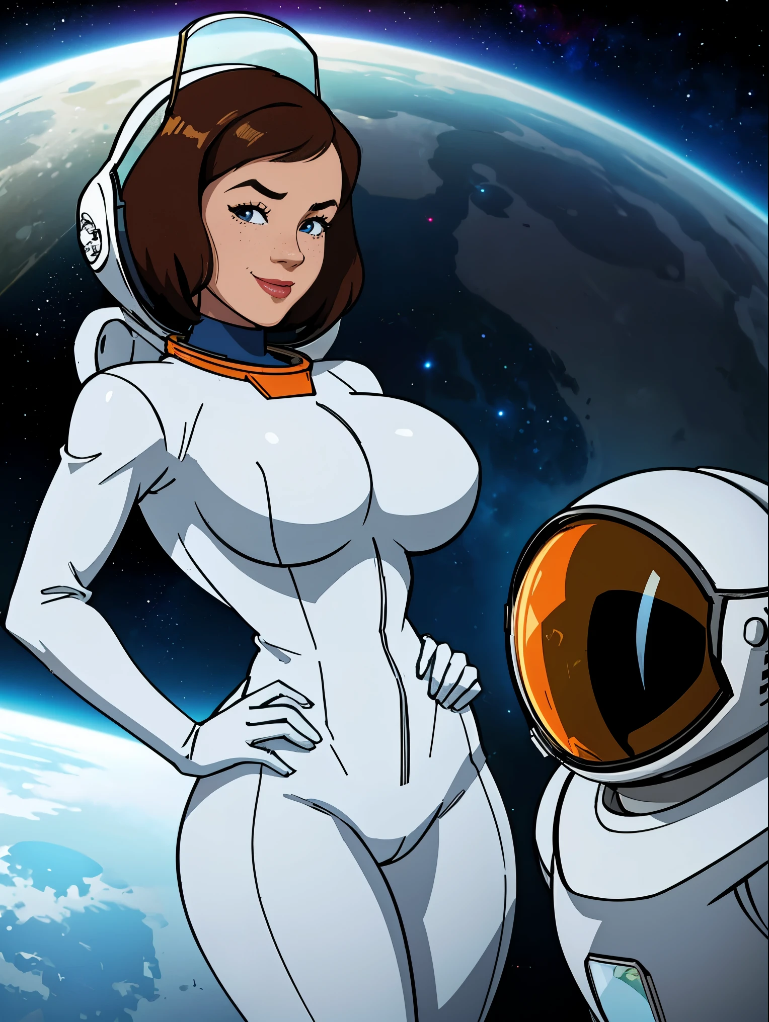 (masterpiece, top quality, best quality, official art, beautiful and aesthetic:1.2), (1girl:1.3), light freckles, fair skin, extremely detailed, portrait, looking at viewer, solo, (full body:0.6), detailed background, close up, (bright space pinup theme:1.1), busty 1950's pinup brunette space girl, charlatan, smiling, happy, mysterious, spacewalk, modest attire, white and orange space suit, spacesuit, helmet, bodysuit, ray gun, long boots, pouches, jetpack, glass helmet, rocket ship, ((((space helmet, narrow hips, slim sexy body, gigantic breasts)))), slim waist, slim hips, long legs, futuristic (lunar surface, on the moon, moon exterior:1.1) background, dark mysterious lighting, shadows, magical atmosphere, dutch angle,