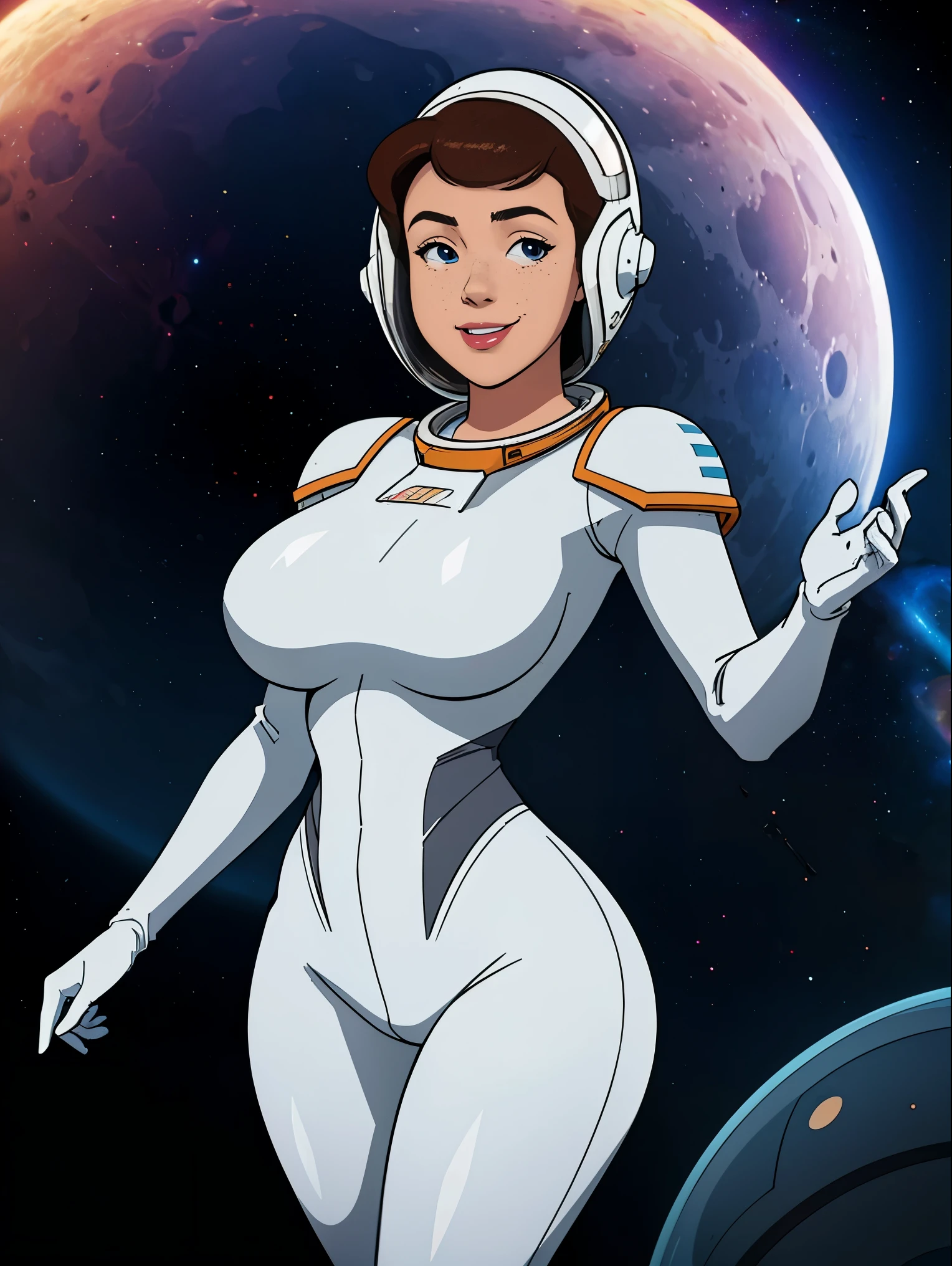 (masterpiece, top quality, best quality, official art, beautiful and aesthetic:1.2), (1girl:1.3), light freckles, fair skin, extremely detailed, portrait, looking at viewer, solo, (full body:0.6), detailed background, close up, (bright space pinup theme:1.1), busty 1950's pinup brunette space girl, charlatan, smiling, happy, mysterious, spacewalk, modest attire, white and orange space suit, spacesuit, helmet, bodysuit, ray gun, long boots, pouches, jetpack, glass helmet, rocket ship, ((((space helmet, narrow hips, slim sexy body, gigantic breasts)))), slim waist, slim hips, long legs, futuristic (lunar surface, on the moon, moon exterior:1.1) background, dark mysterious lighting, shadows, magical atmosphere, dutch angle,