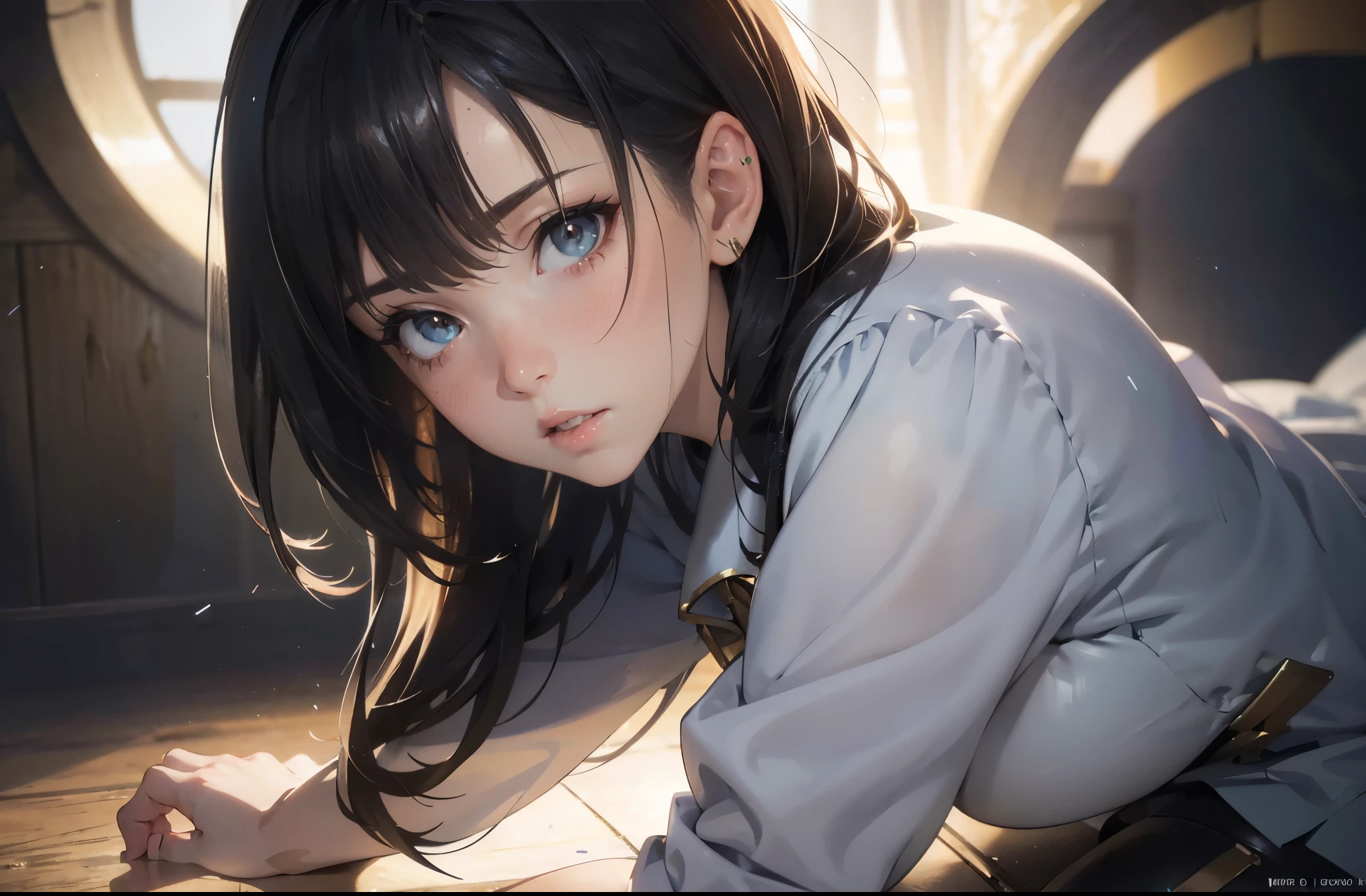 NSFW, (Official art, Best Quality, Unity 8k Wallpapers, 32K, masterpiece, ultra-detail art, super high resolution, realistic, Photo realstic:1.2), (natural soft light:1.2), Fire glow effect, film grains, Best Shadows, side lights, side shot, (Ultra-detailed and complex 3D rendering), Detailed beautiful face and eyes, Sharp pupils, anime - style illustration of a woman in a blue and white outfit, official character art, trending on cgstation, e-girl, full body, female action anime girl,