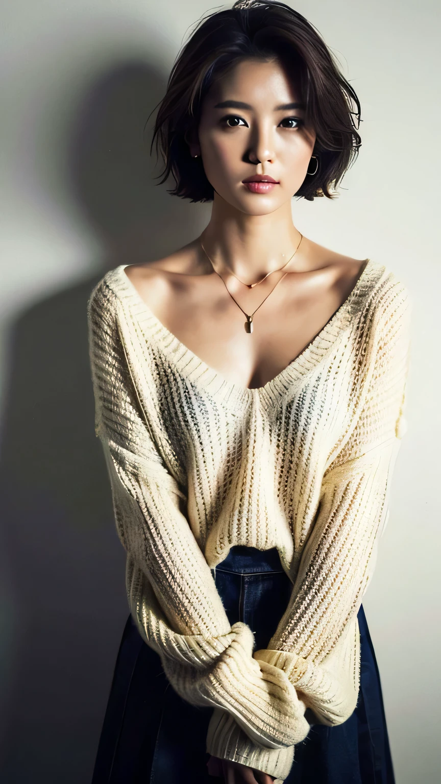 masutepiece, Photorealistic, Best Quality, intricate and delicate, 8k wallpaper, top-quality, masterpiece, realistic, ultra-detailled, 1girl in, Sheer knitted V-neck sweater, short-hair, straight haired, Look at viewers