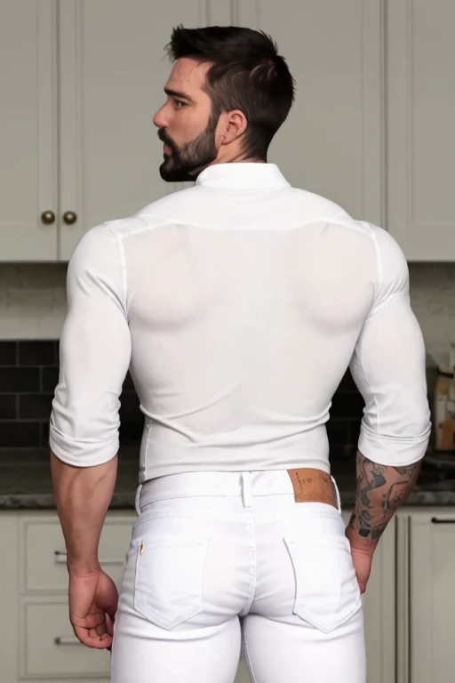 JordanBrandt, 45yo, short mustache and beard, wearing white jeans, shirtless, backside bent over 