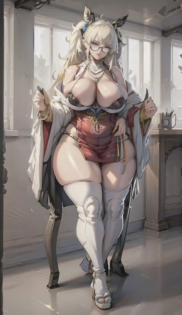 ((best quality)), ((masterpiece)), (detailed), perfect face, thicc woman,  beautiful face , thicc girl , widest hips , thicc , thicc body , thicc thighs , slim arms, huge large breasts, her body is thicc, full body view, dark-black room, black bokeh background, thight dress, wearing sandles, short hairstyle, diamond necklace, wearing a watch, tall woman, restore face, white skin , longest thight pants , glasses , cold vibes, , 4k resolution, japanese goddess
