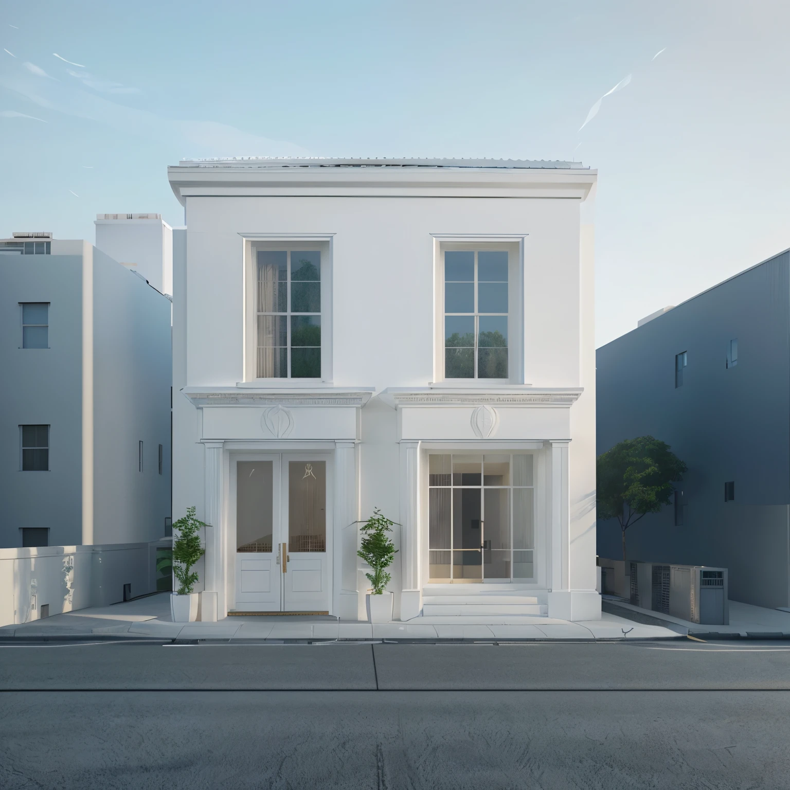 there is a white building with a planter on the sidewalk, all white render, realistic building, white building, professional render, realistic establishing shot, very realistic 3 d render, architectural visualisation, highly detailed 3d render, highly detailed 3 d render, neo classical architecture, neo - classical style, high quality 3d render, high quality 3 d render, architectural render