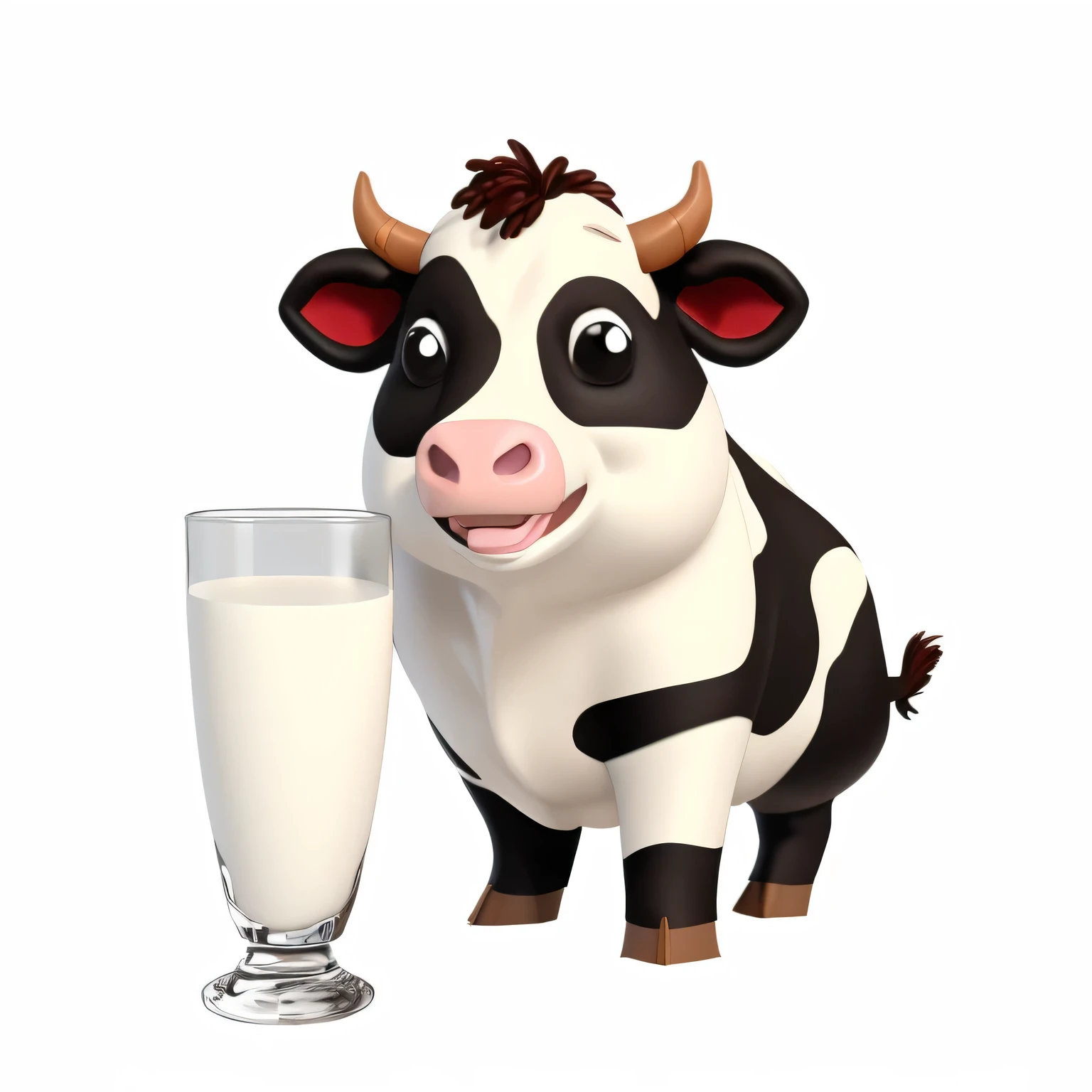 Cartoon American cow holding a glass of milk,Peasant Clothing,White background,3D,