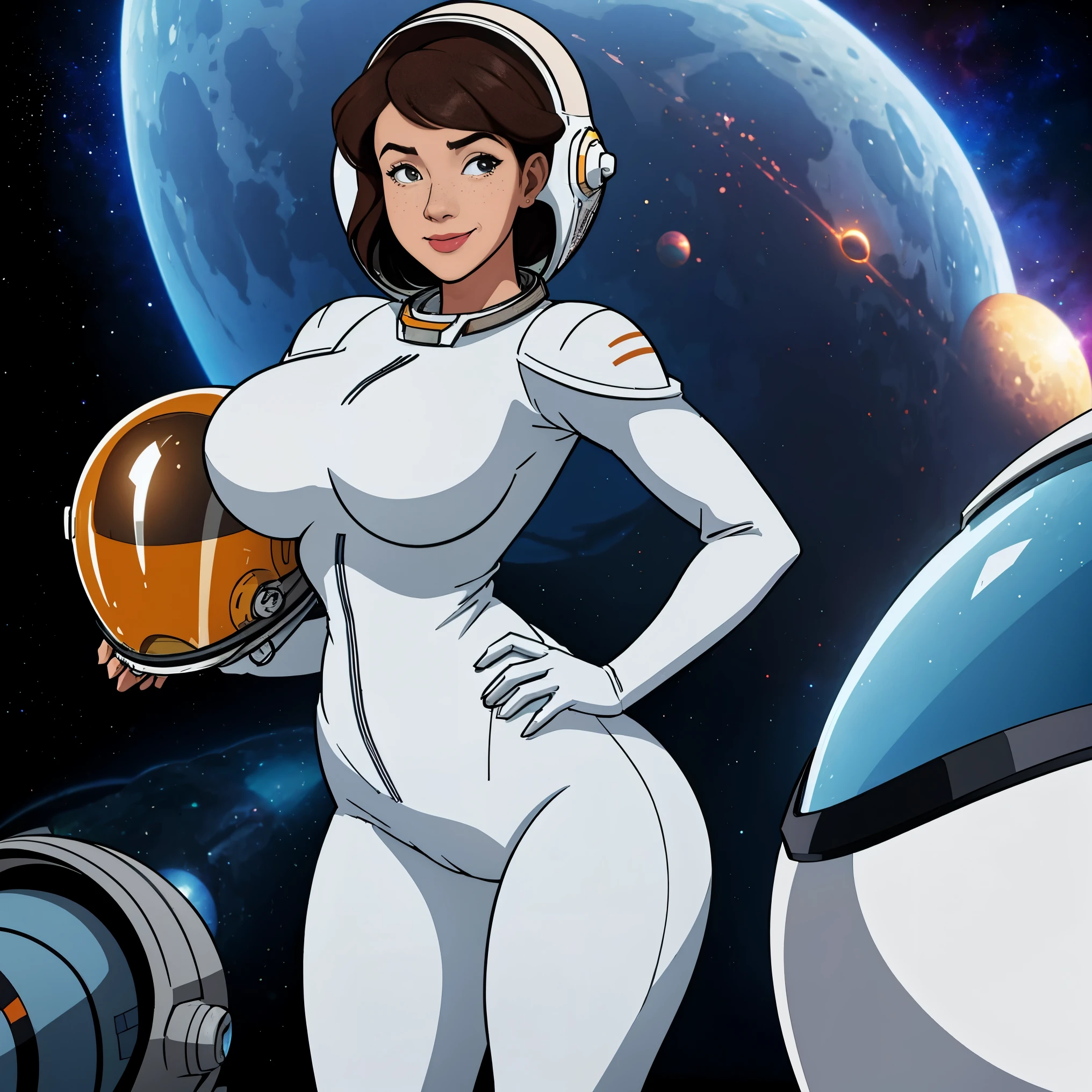 (masterpiece, top quality, best quality, official art, beautiful and aesthetic:1.2), (1girl:1.3), light freckles, fair skin, extremely detailed, portrait, looking at viewer, solo, (full body:0.6), detailed background, close up, (bright space pinup theme:1.1), busty 1950's pinup brunette space girl, charlatan, smiling, happy, mysterious, spacewalk, modest attire, white and orange space suit, spacesuit, helmet, bodysuit, ray gun, long boots, pouches, jetpack, glass helmet, rocket ship, ((((space helmet, narrow hips, slim sexy body, gigantic breasts)))), slim waist, slim hips, long legs, futuristic (lunar surface, on the moon, moon exterior:1.1) background, dark mysterious lighting, shadows, magical atmosphere, dutch angle,