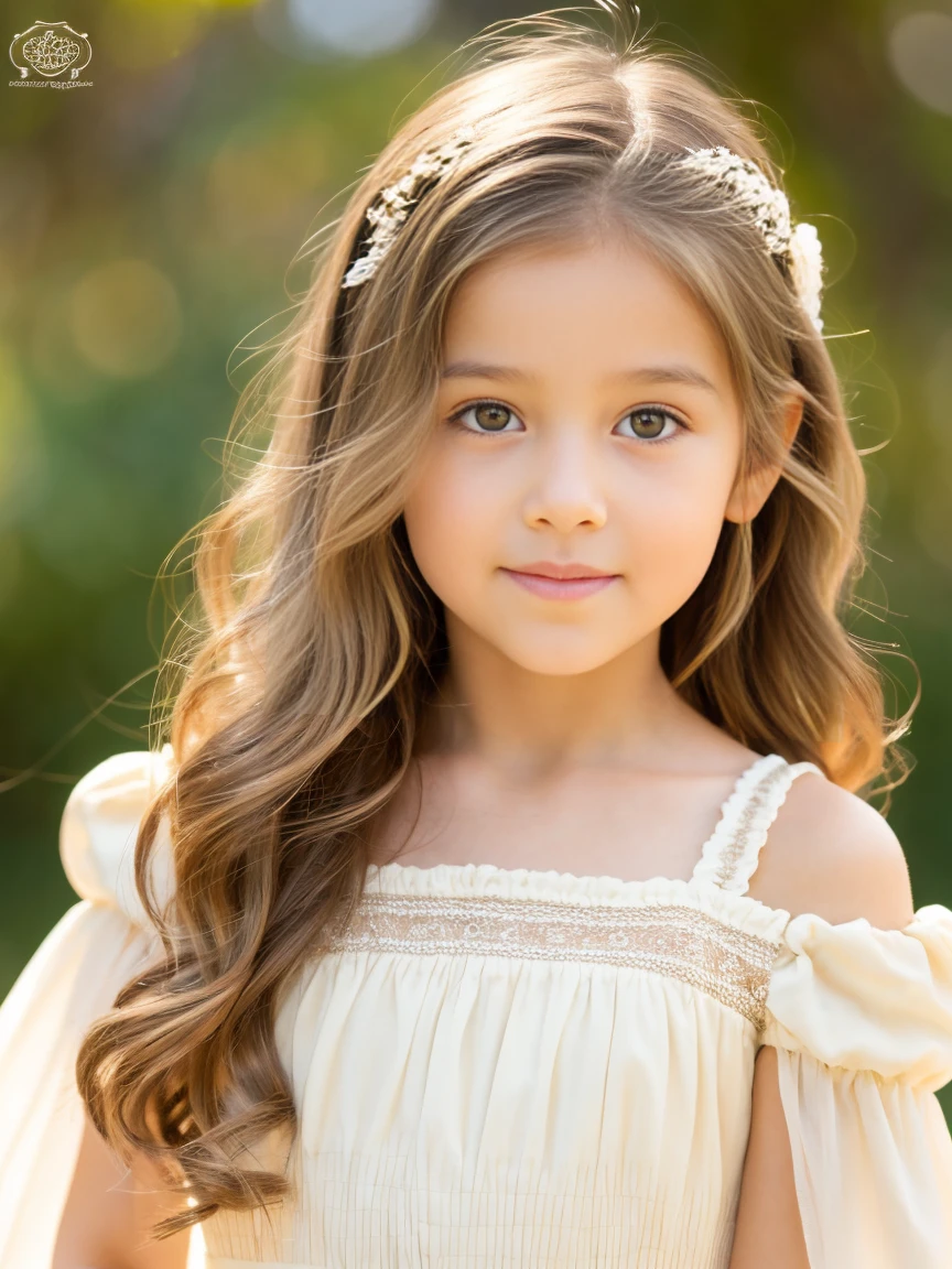 A beautiful 8 year old girl, white skin light brown eyes, light brown hair, pelo largo y semi rizado, delgada, rasgos finos y hermosos, con un hermoso vestido beige, perla blanco, girl&#39;s beige shoes and white socks