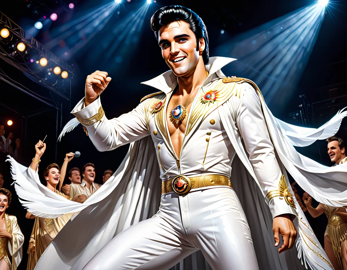 (eptheking), 1man\(elvis presley,(performing on stage),(wearing white caped fringe jumpsuit ),(full body:1.5),big smile,dynamic pose,chest hair\), BREAK ,background\((live stage:1.5),(many audience:1.5)\), BREAK ,quality\(intricate details, very sharp, detailed face, detailed skin,8k,wallpaper of extremely detailed CG unit, masterpiece,hight resolution,top-quality,top-quality real texture skin,hyper realisitic,increase the resolution,RAW photos,best qualtiy,highly detailed,the wallpaper,cinematic lighting,ray trace,golden ratio\),landscape,long shot,wide shot,dynamic angle