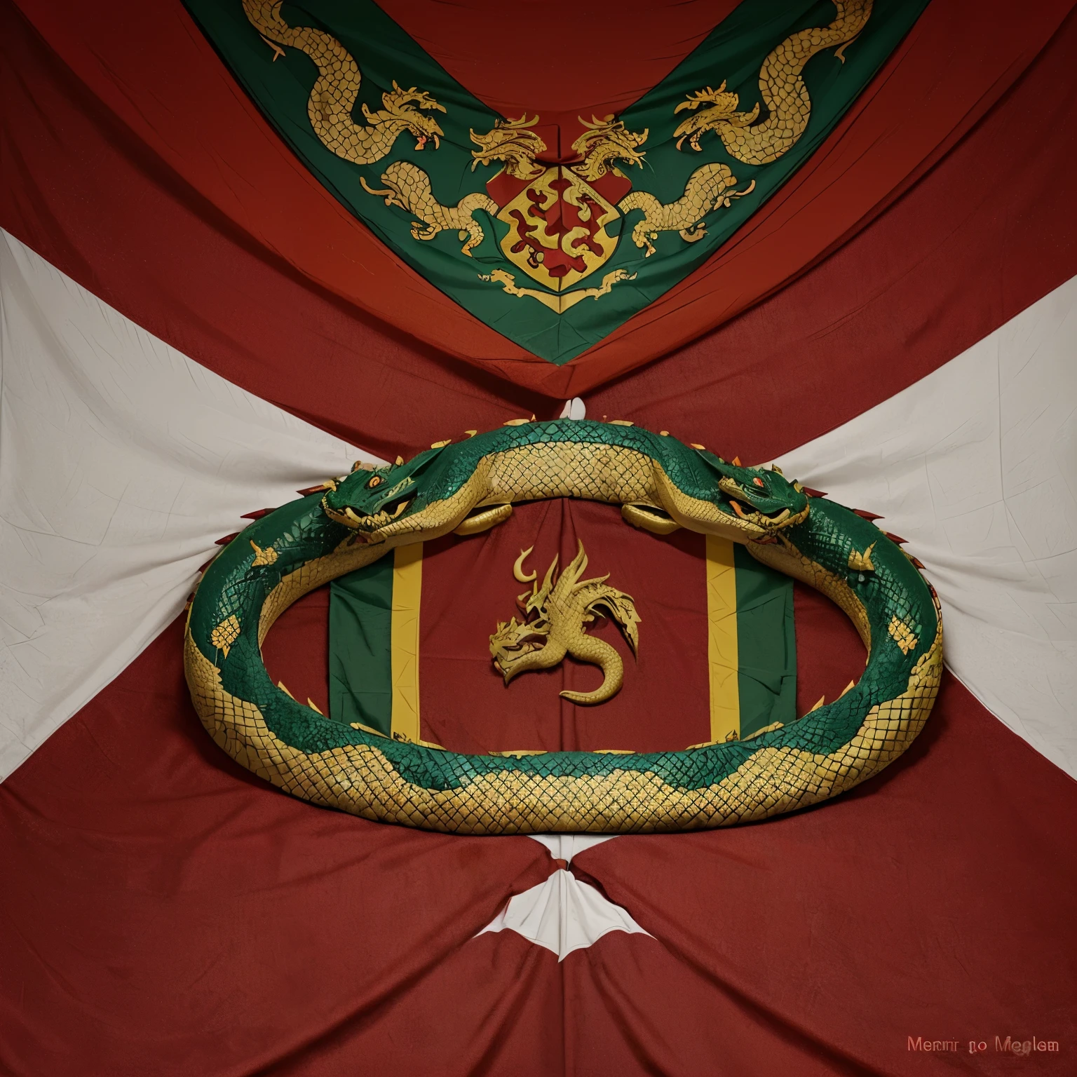 A red rectangle flag in the center, there's a five-headed yellow chinese dragon The dragon is surrounded by a green square with a red border. Above the dragon, there are two crossed spears, and below it, there's a red scroll with the words "Manning Maru" written in white.