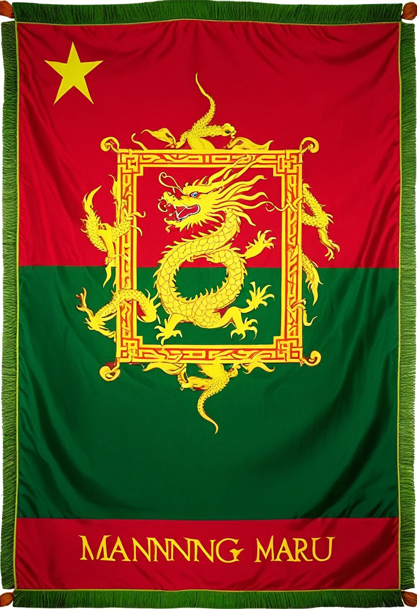 A red rectangle flag in the center, there's a five-headed yellow chinese dragon The dragon is surrounded by a green square with a red border. Above the dragon, there are two crossed spears, and below it, there's a red scroll with the words "Manning Maru" written in white.