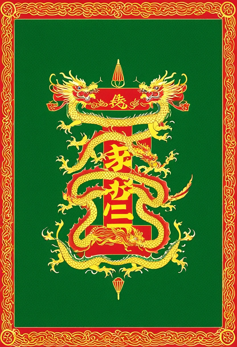 A red rectangle flag in the center, there's a five-headed yellow chinese dragon The dragon is surrounded by a green square with a red border. Above the dragon, there are two crossed spears, and below it, there's a red scroll with the words "Manning Maru" written in white.