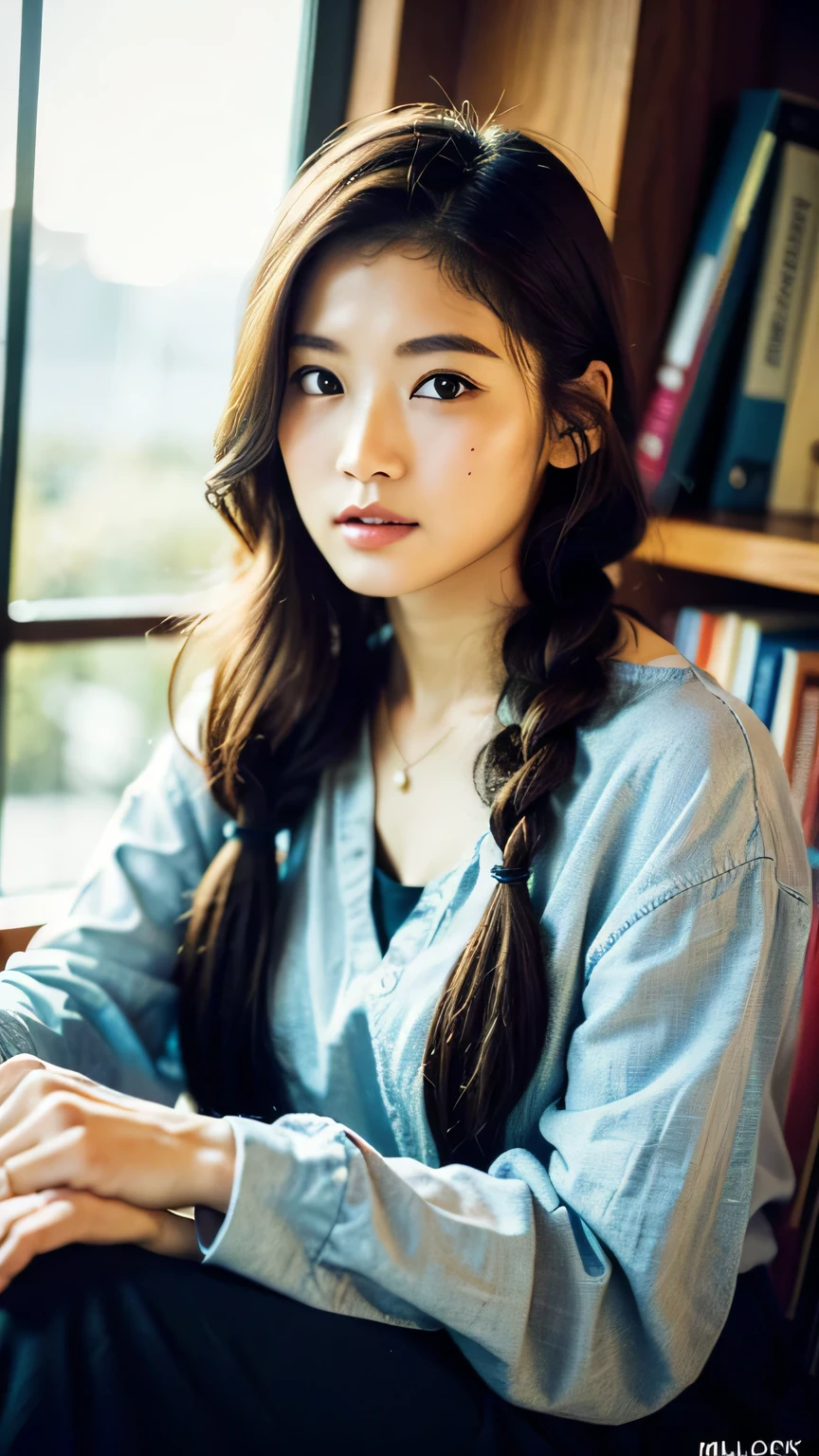 (highest quality, 8k, 32k, masterpiece, Ultra-high resolution:1.2),Beautiful Japanese Women Photos, Very small breasts, Very beautiful braided hair,Loose-fitting clothing, necklace, View your viewers,((library,Reading a book,)),mole,