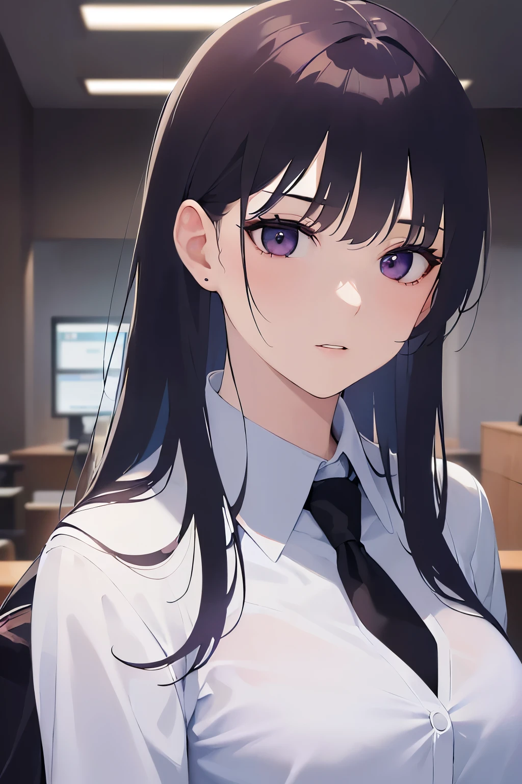 look back, Upper Body, Realistic, real person, (pale skin: 1.2), RAW photo, photorealistic, shiny skin, shiny hair、(A 25-year-old woman with straight hair and bangs) and (medium hair) and (black hair) and (purple eyes) , (business suit:1.5) and (White collared shirt) 、Expressionless, Background is an office room、Alone、Are standing
