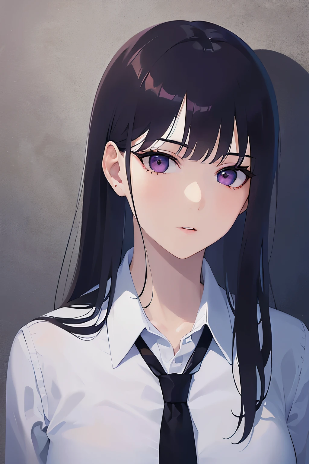 look back, Upper Body, Realistic, real person, (pale skin: 1.2), RAW photo, photorealistic, shiny skin, shiny hair、(A 25-year-old woman with straight hair and bangs) and (medium hair) and (black hair) and (purple eyes) , (business suit:1.5) and (White collared shirt) 、Expressionless, Background is an office room、Alone、Are standing