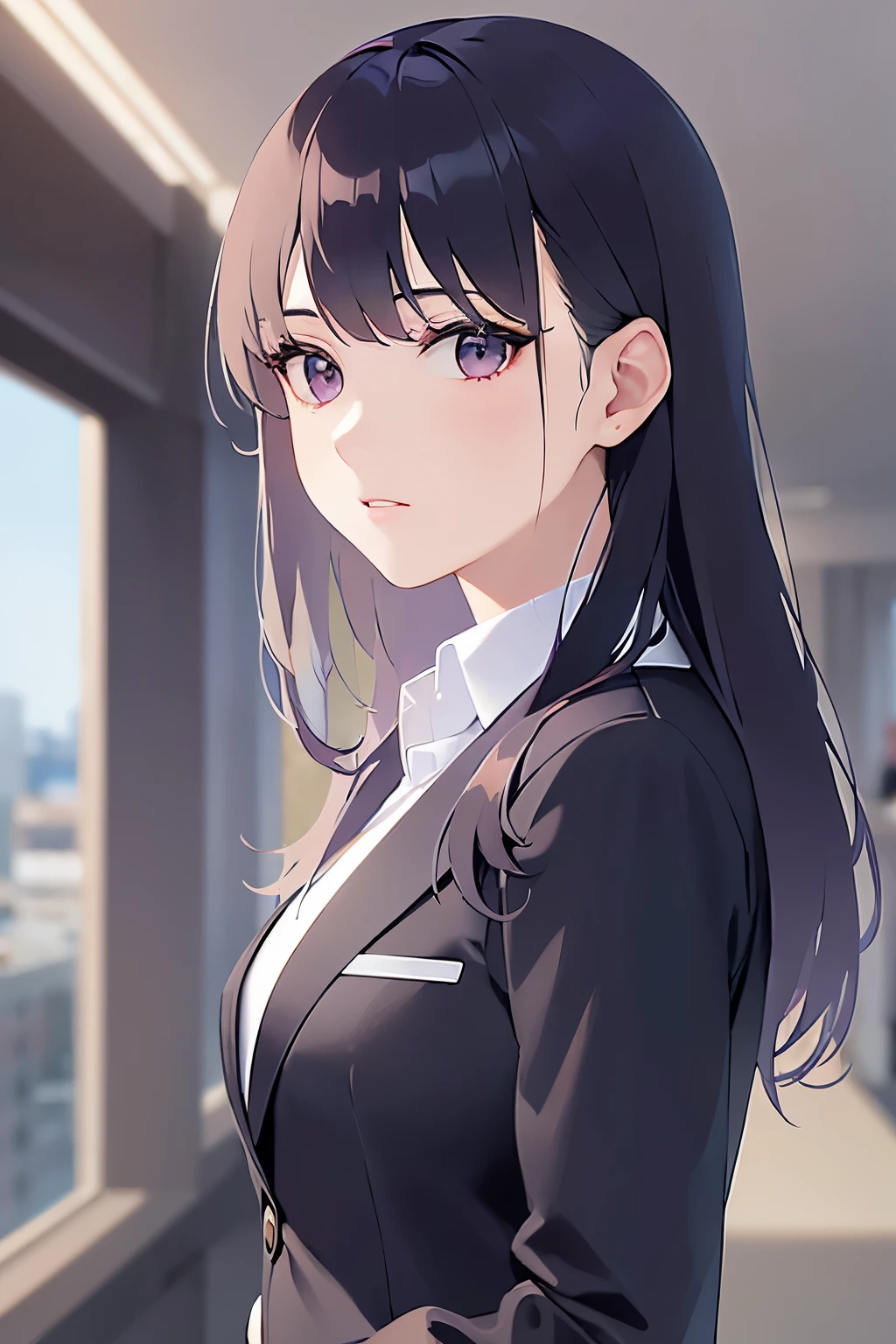 look back, Upper Body, Realistic, real person, (pale skin: 1.2), RAW photo, photorealistic, shiny skin, shiny hair、(A 25-year-old woman with straight hair and bangs) and (medium hair) and (black hair) and (purple eyes) , (business suit:1.5) 、Expressionless, Background is an office room、Alone、Are standing