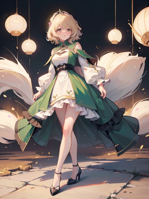 1 girl, alone, (((mature woman))), (((full body))). medium hair, blonde hair, medium breasts. (((perfect face))), (((very exaggerated puffy cheeks))), (((very exaggerated pout))), mouth, full lips, closed mouth, blush. Perfectly detailed eyes, crying, almond eyes, aquamarine eyes, tears. dress, white and green dress, pink jacket, open jacket, puff sleeves, long sleeve, hood. standing, legs apart, wide thighs, medium hips. stockings, black heels. High resolution image, 8k quality, intricate details, perfectly detailed illustration, genshin impact style, looking at viewer, front view,
