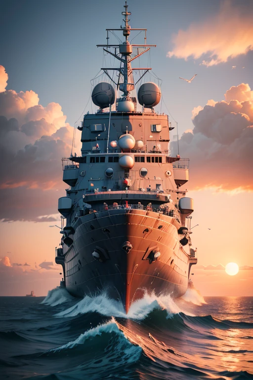Photography of an ultra realistic (russian:1.3) modern warship, dramatic light, pale sunrise, cinematic lighting, battered, low angle, trending on artstation, 4k, hyper realistic, focused, extreme details, unreal engine 5, cinematic, masterpiece, art by studio ghibli, intricate artwork by john william turner. stvmccrr,
