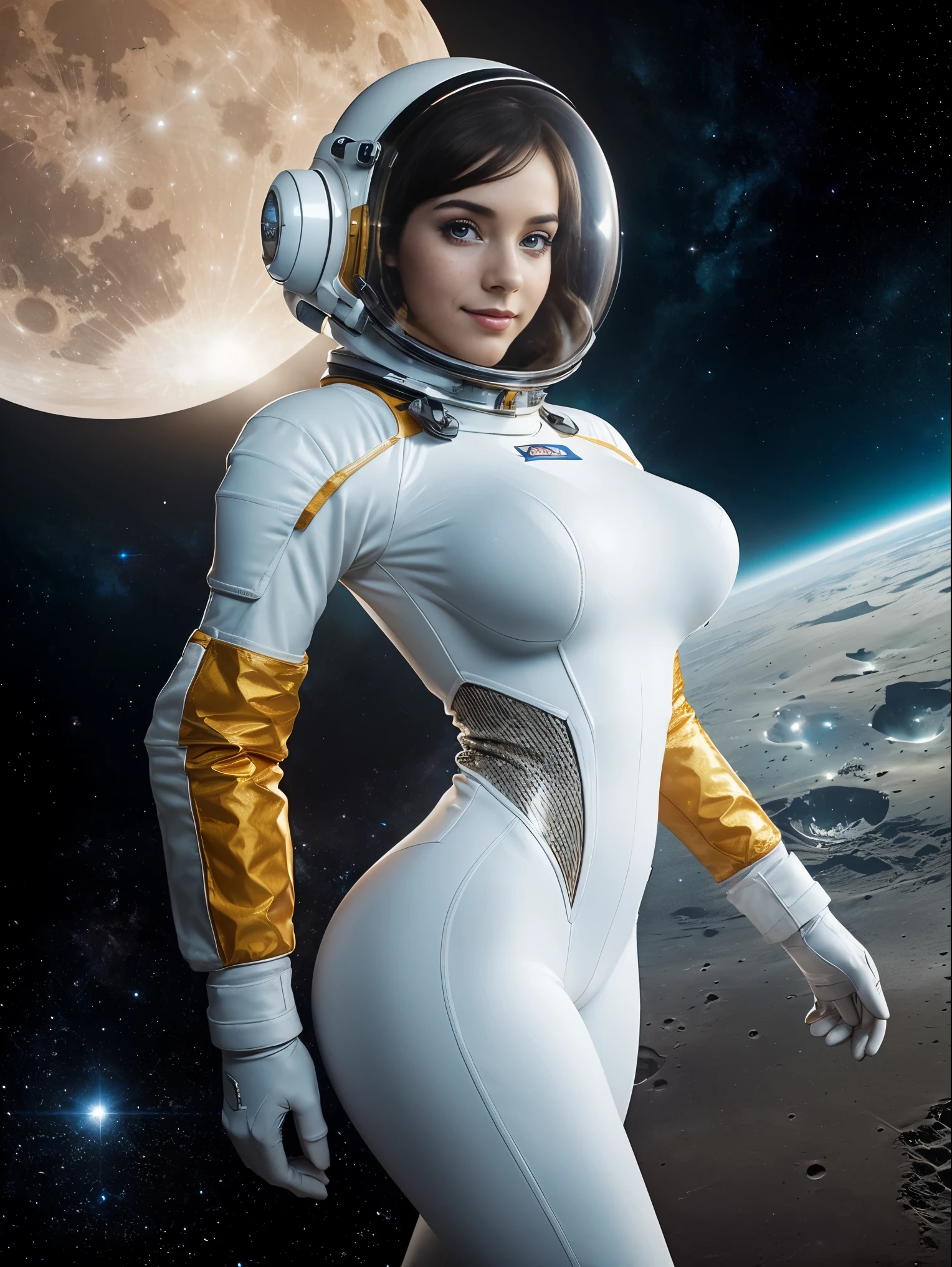 (masterpiece, top quality, best quality, official art, beautiful and aesthetic:1.2), (1girl:1.3), light freckles, fair skin, extremely detailed, portrait, looking at viewer, solo, (full body:0.6), detailed background, close up, (bright space pinup theme:1.1), busty 1950's pinup brunette space girl, charlatan, smiling, happy, mysterious, spacewalk, modest attire, white and orange space suit, spacesuit, helmet, bodysuit, ray gun, long boots, pouches, jetpack, glass helmet, rocket ship, ((((space helmet, narrow hips, slim sexy body, gigantic breasts)))), slim waist, slim hips, long legs, futuristic (lunar surface, on the moon, moon exterior:1.1) background, dark mysterious lighting, shadows, magical atmosphere, dutch angle,