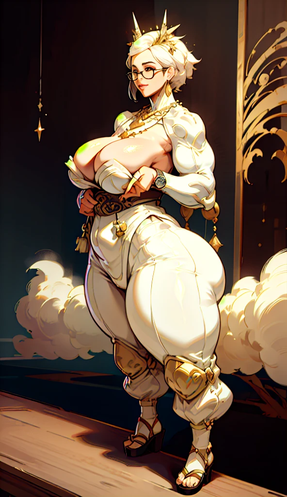 ((best quality)), ((masterpiece)), (detailed), perfect face, thicc woman,  beautiful face , thicc girl , widest hips , thicc , thicc body , thicc thighs , slim arms, huge large breasts, her body is thicc, full body view, dark-black room, black bokeh background, thight dress, wearing sandles, short hairstyle, diamond necklace, wearing a watch, tall woman, restore face, white skin , longest thight pants , glasses , cold vibes, , 4k resolution, japanese goddess
