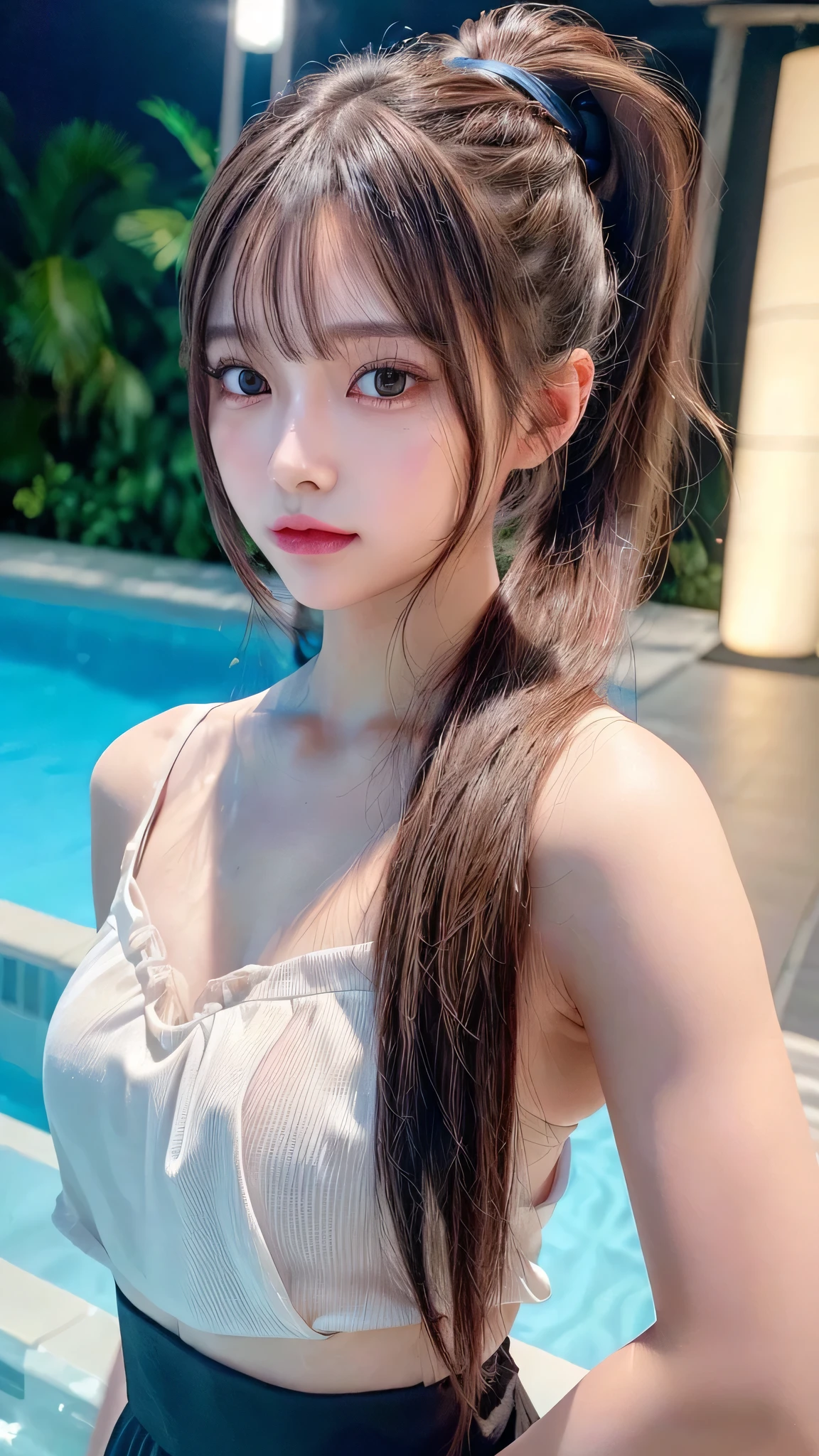 Outdoor,midnight,Very large pool,It's dark outside,Lit up with neon lights,bikini,Blushing,Facing forward,Small breasts,,Long hair ponytail,((8K, Raw photo, Best Quality, Mastepiece:1.2), (Realism, Photorealistic:1.4), (Highly detailed 8K wallpapers), Depth of written boundary, Cinematic Lighting, Soft Light, Detailed Beauty Eye,Shiny and smooth light brown ponytail, Asymmetrical bangs, Shiny skin, Ultra-detailed skins ,It is high resolution., High detail, Detailed hairstyle, Detailed facial beauty, Hyper-realistic, Perfect limbs, Perfect Anatomy ,1 Japanese girl,Famous Japanese Idols, Perfect female body,A shy smile,Short eyelashes,Double-edged eyelids,Look straight here,Hair style: ponytail,