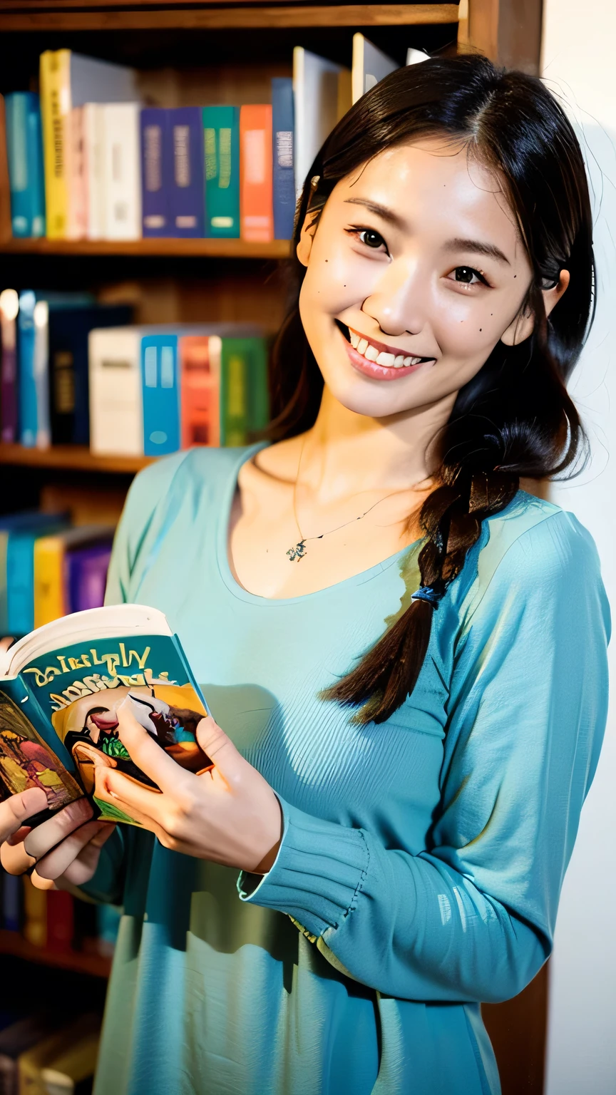 (highest quality, 8k, 32k, masterpiece, Ultra-high resolution:1.2),Beautiful Japanese Women Photos, Very small breasts, Very beautiful braided hair,Loose-fitting clothing, necklace, View your viewers,((library,Reading a book,A smile that conveys intelligence,)),mole,Dimples,
