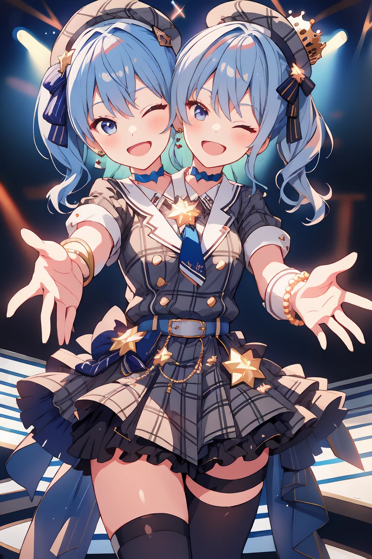 (masterpiece, best quality), best resolution, 16k, (2heads:1.5), close-up, 1girl, solo, HoshimachiSuisei, side ponytail, blue hair ribbon, SuiseiBase, plaid beret, crown, blue star choker, star earrings, blue ascot, plaid jacket, plaid skirt, layered skirt, partially fingerless gloves, star bracelet, uneven legwear, thigh strap, standing, ((cheek to cheek)), (open arms, outstretched arms, hands open), smile, open mouth, one eye closed, singing, dacing, look at viewer, exciting, concert stage, starfield, spotlight