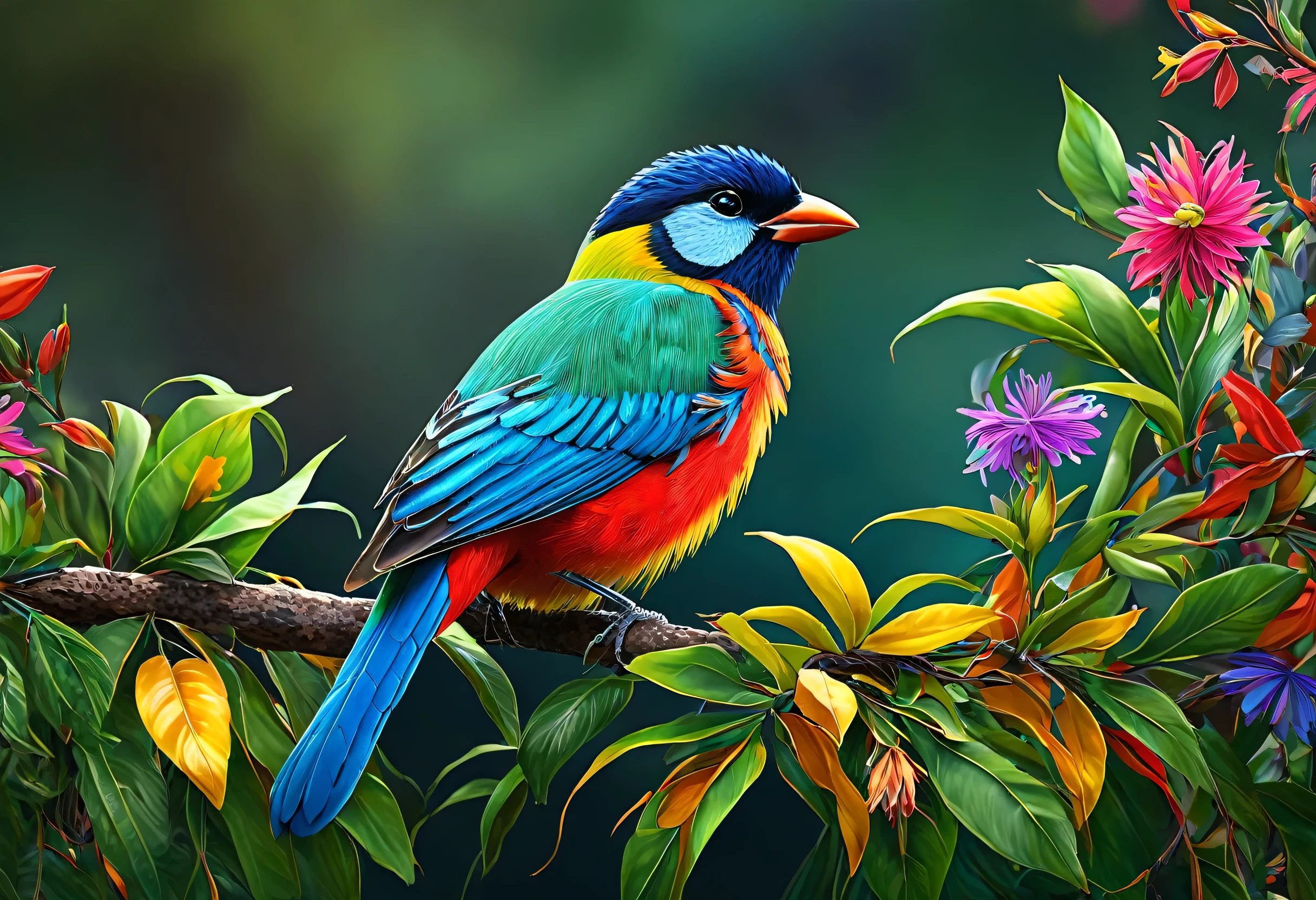 (best quality,4k,8k,highres,masterpiece:1.2), ultra-detailed, (realistic,photorealistic,photo-realistic:1.37), vibrant bird with colorful feathers perched on a branch with leaves and flowers, inspired by Charles Bird King's realistic painting, trending on Pixabay, fantasy art, colorful HD image, colorful 8k, colorful bird, long and colorful bird, beautiful and colorful, high-quality wallpaper, beautifully colorful, 4k high-quality wallpaper, very detailed, colorful 4k, beautiful and vibrant colors