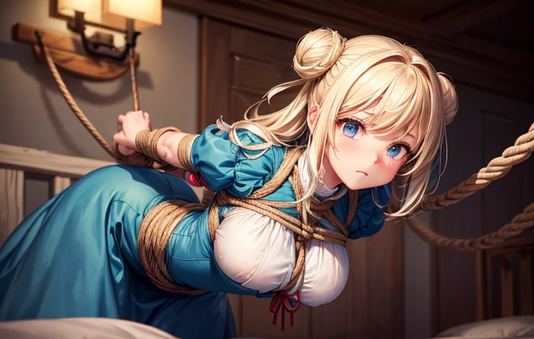 piperBS, 1girl, blonde hair, hair bun, blue dress, puffy sleeves, short sleeves, pink gloves, fingerless gloves, pink belt, shoes, blue footwear, cute and blushing 18 years old anime girl, look away because she is embarrassed and blushes, bright blue eyes, detailed face, detailed members, detailed arms, detailed hands, Girl lying, tied by ropes, shackled, can no longer move, tied tightly, very hard tied up with lots of ropes, hampered by so many ropes that she can no longer move, bound hands and feet, ropes tie his whole body, tied extremely tightly and forcefully to her bed by a lot of ropes, its limbs are strongly tied together by ropes, his torso is tied up with thick cords, her chest is so tied up with ropes that it sticks out, her legs are tied tightly with thick ropes, his hands are tied behind his back with ropes, she can no longer move her feet, her hands which are tied by thick ropes, she desperately tries to free herself, likes to be tied tight with big ropes, likes to be immobilized by big ropes, lying down, his hands and feet are strongly tied to the railing of his bed, his legs are pressed together and tied with ropes, its limbs are held vigorously by imposing ropes, her hands are tied securely behind her back by ropes, her chest is compressed by strong ropes, she is pressed against her bed and restrained by large ropes, (shibari, arms behind the back:1.4), (hands on the back), (masterpiece, best quality) 1.5, 1girl, solo, (sexy, beautiful woman, perfect face, perfect eyes, perfect hands), samus aran, (hands on the back), Spread the legs, s&#39; ((lie in bed by big ropes)), ((close up of the girl)), ((((lie in bed)))), ((((arms tied behind the back, Legs Tied,La fille est allongée sur le ventre, La fille est allongée sur le sol:1.5)))), ((((girl seen from behind:1.4)))), ((((girl lying down on her stomach:1.4)))), ((((Outstretched arms:1.5)))), ((((Detailed hands:1.5))))