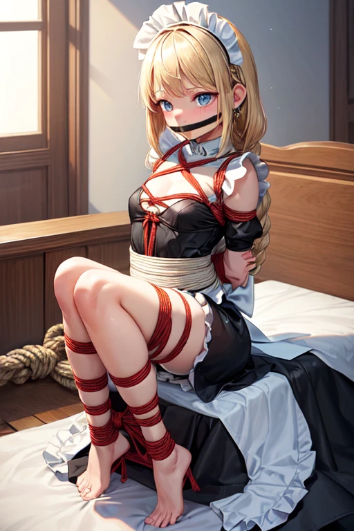 Shiny blond hair, very long hair, sophisticated haircut, ((((hair fully braided)))), ((small twisted braids)), thin and oval face, submissive, (((gagged))), ((((very cute maid girl)))), ((((very cute black maid dress)))), ((((cute waitress serving a blond man)))), cute and blushing 18 years old anime girl, look away because she is embarrassed and blushes, bright blue eyes, detailed face, detailed members, detailed arms, detailed hands, ((((sparkling diamond jewelry)))), tiara, ((makeup)), high heels, puffy sleeves, long gloves, long eyelashes, maid costume, maid dress, maid girl, Girl lying, tied by ropes, shackled, can no longer move, tied tightly, very hard tied up with lots of ropes, hampered by so many ropes that she can no longer move, bound hands and feet, ropes tie his whole body, tied extremely tightly and forcefully to her bed by a lot of ropes, its limbs are strongly tied together by ropes, his torso is tied up with thick cords, her chest is so tied up with ropes that it sticks out, her legs are tied tightly with thick ropes, his hands are tied behind his back with ropes, she can no longer move her feet, her hands which are tied by thick ropes, she desperately tries to free herself, likes to be tied tight with big ropes, likes to be immobilized by big ropes, lying down, his hands and feet are strongly tied to the railing of his bed, his legs are pressed together and tied with ropes, its limbs are held vigorously by imposing ropes, her hands are tied securely behind her back by ropes, her chest is compressed by strong ropes, she is pressed against her bed and restrained by large ropes (shibari, arms behind the back:1.4), (hands on the back), (masterpiece, best quality) 1.5, 1girl, solo, (sexy, beautiful woman, perfect face, perfect eyes, perfect hands), samus aran, (shibari, arms behind the back:1.4), (hands on the back), Spread the legs, s' ((lie in bed by big ropes)), ((close up of the girl)), ((((lie in bed))))
