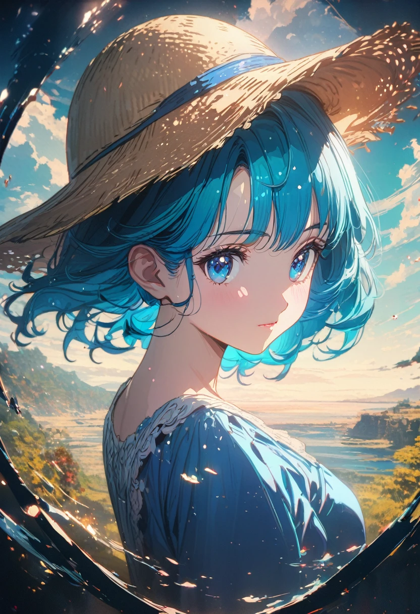 Anime girl with blue hair wearing a straw hat and blue dress, artwork in the style of Gouvez, Beautiful anime portrait, Gouvez, beautiful anime girl, beautiful anime style, Anime girl with turquoise hair, anime style. 8K, bowwater style, beautiful digital illustration, beautiful drawing of the characters, stunning anime face portrait