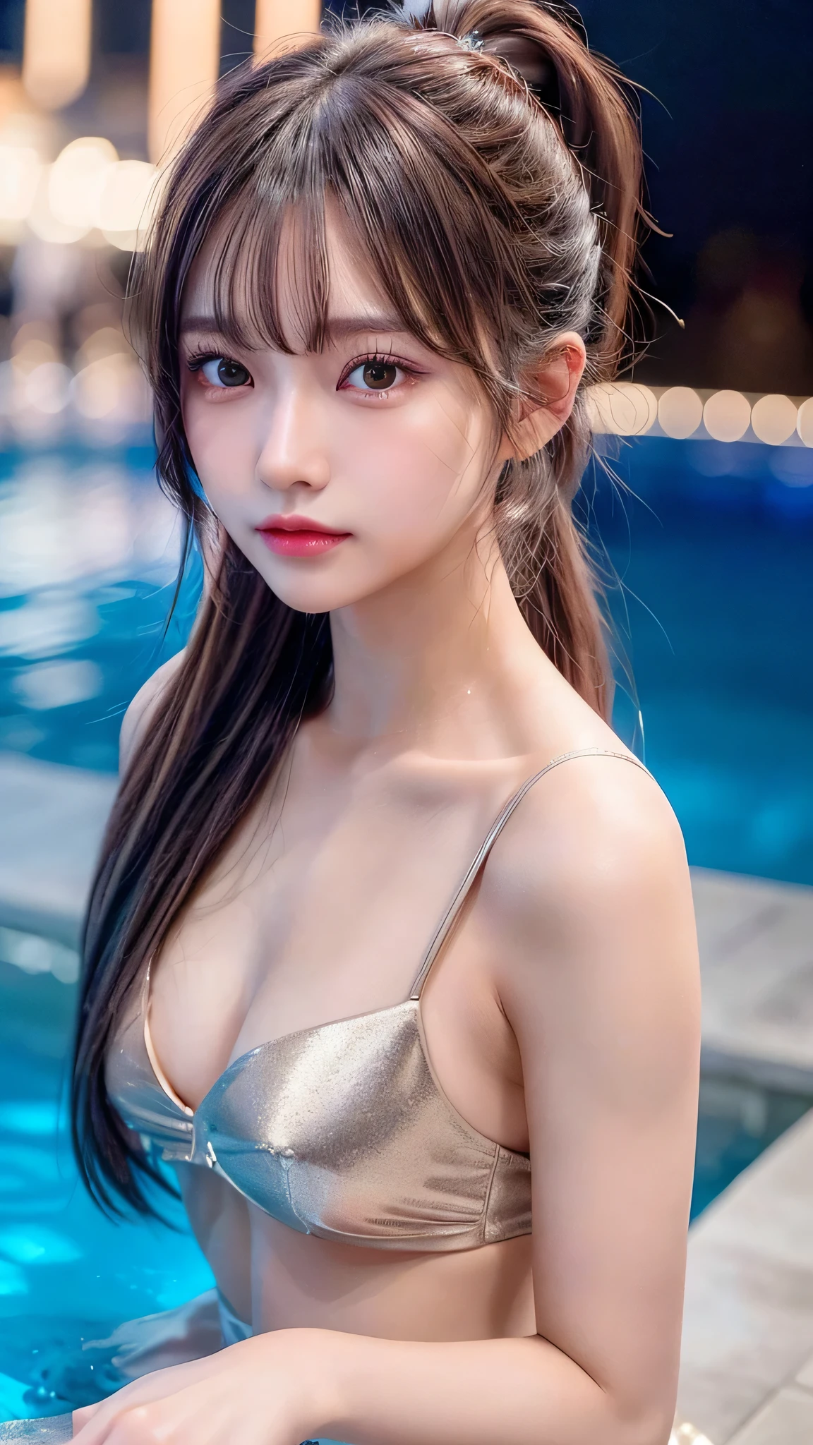 Outdoor,midnight,Very large pool,It's dark outside,Lit up with neon lights,bikini,Blushing,Facing forward,Small breasts,s old,Long hair ponytail,((8K, Raw photo, Best Quality, Mastepiece:1.2), (Realism, Photorealistic:1.4), (Highly detailed 8K wallpapers), Depth of written boundary, Cinematic Lighting, Soft Light, Detailed Beauty Eye,Shiny and smooth light brown ponytail, Asymmetrical bangs, Shiny skin, Ultra-detailed skins ,It is high resolution., High detail, Detailed hairstyle, Detailed facial beauty, Hyper-realistic, Perfect limbs, Perfect Anatomy ,1 Japanese girl,Famous Japanese Idols, Perfect female body,A shy smile,Short eyelashes,Double-edged eyelids,Look straight here,Hair style: ponytail,